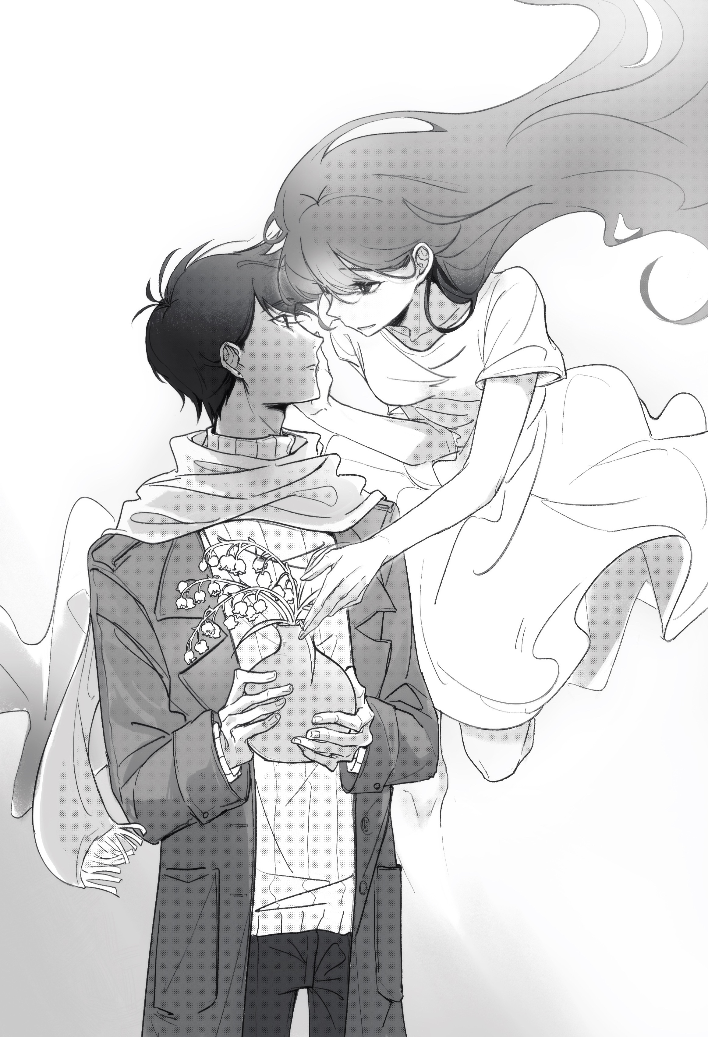 css021125, hero (faraway) (omori), hero (omori), mari (omori), mari (spirit) (omori), omori, absurdres, chinese commentary, commentary request, highres, spoilers, 1boy, 1girl, antenna hair, bare arms, breasts, coat, collarbone, cowboy shot, dress, face-to-face, fingernails, floating hair, flower, flower pot, greyscale, hair behind ear, hair between eyes, halftone, hand on another's cheek, hand on another's face, holding, holding flower pot, lapels, lily of the valley, long hair, long sleeves, medium dress, monochrome, open clothes, open coat, pants, parted lips, pocket, profile, ribbed sweater, scarf, short hair, short sleeves, simple background, small breasts, smile, standing, sweater, turtleneck, turtleneck sweater, very long hair, very short hair, white background