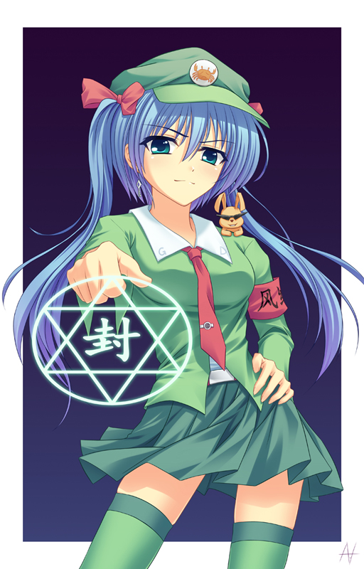 athrun1120, green dam, os-tan, bad id, bad pixiv id, 1girl, armband, blue hair, female focus, green eyes, hand on own hip, hat, hexagram, hip focus, magic circle, necktie, personification, skirt, solo, thighhighs, twintails, zettai ryouiki