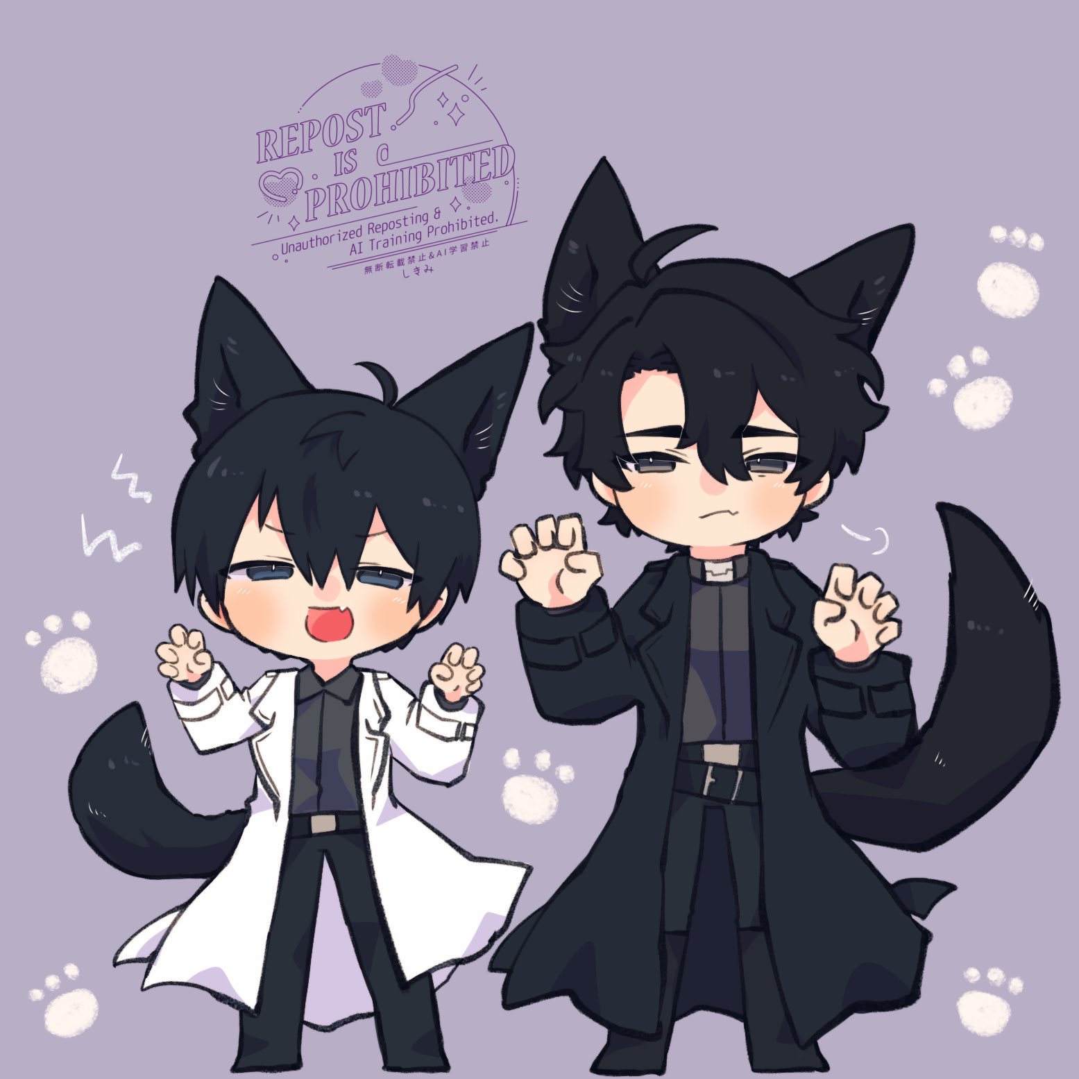 kim dokja, yoo joonghyuk, omniscient reader's viewpoint, commentary, highres, symbol-only commentary, 2boys, :/, ahoge, alternate costume, animal ears, black coat, black hair, black shirt, claw pose, coat, collared shirt, curtained hair, dog ears, dog tail, double-parted bangs, facing viewer, fang, full body, hair between eyes, kemonomimi mode, kimidori 22, male focus, multiple boys, open clothes, open coat, open mouth, paw print, popped collar, shirt, short hair, skin fang, tail, white coat