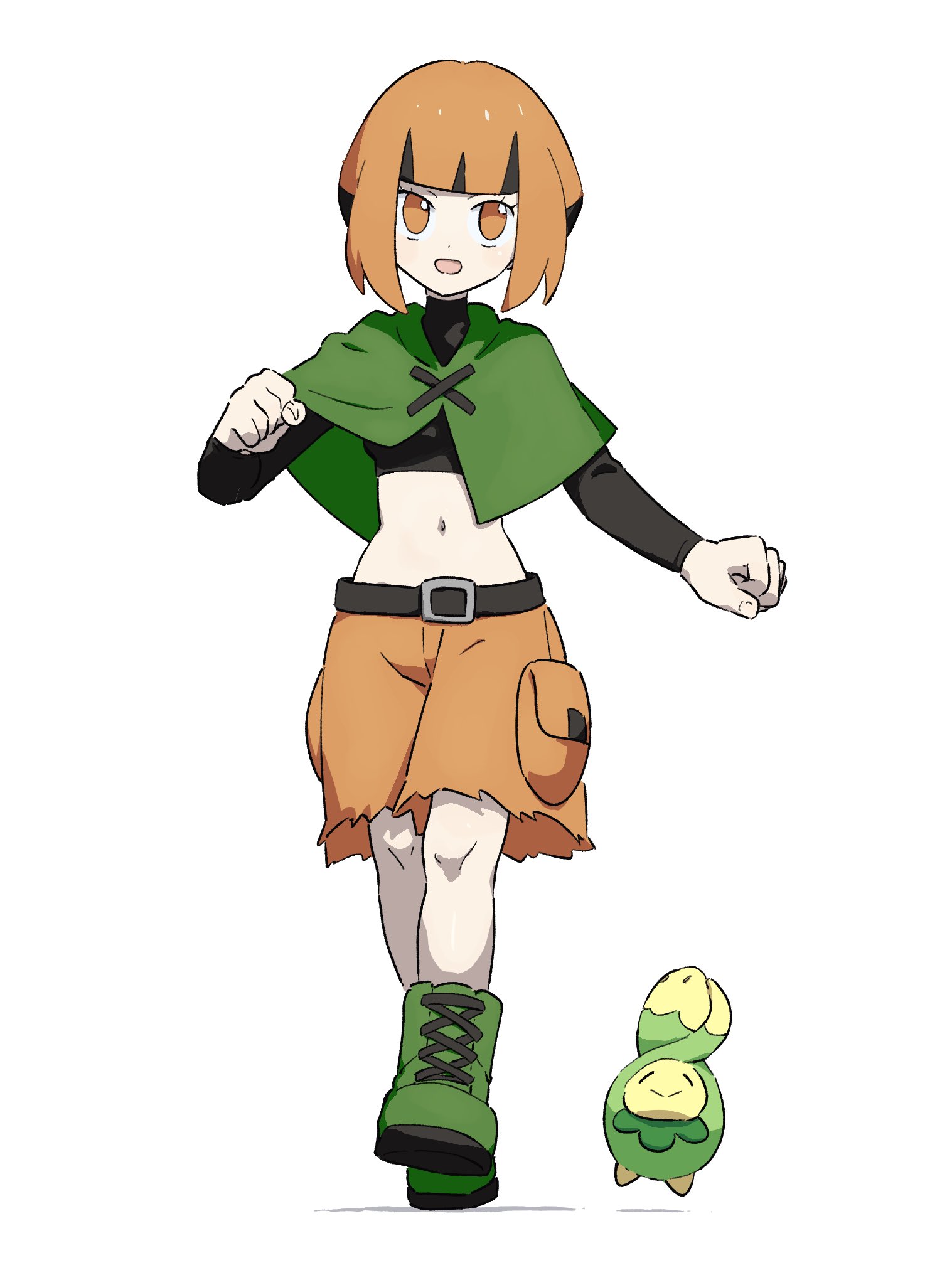 uzou (uzooooooooo), budew, gardenia (pokemon), 1girl, belt, black hair, boots, capelet, cargo shorts, facing viewer, full body, gen 4 pokemon, multicolored hair, navel, open mouth, orange eyes, orange hair, running, shorts, smile, solo, two-tone hair, undershirt, white background