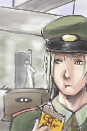 raikov, metal gear (series), metal gear solid, metal gear solid 3: snake eater, lowres, 1boy, ?, box, cardboard box, hat, oekaki, peaked cap, solo focus