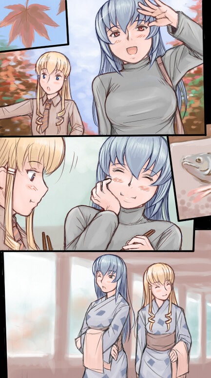 tsuda nanafushi, shinku, suigintou, rozen maiden, silver hair, 00s, aged up, blonde hair, blue eyes, blush, casual, chopsticks, closed eyes, eating, fish, japanese clothes, leaf, long hair, towel, wink