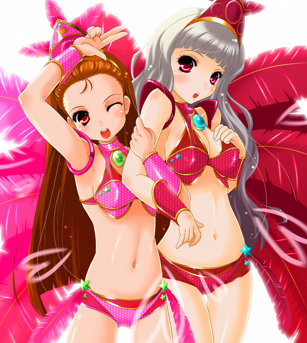 magurock, minase iori, shijou takane, idolmaster, idolmaster (classic), silver hair, highres, 00s, 2girls, armpits, breasts, cleavage, feathers, hat, hot pink, long hair, medium breasts, multiple girls, navel, one eye closed, open mouth, otome samba, pink eyes, red eyes, samba, small breasts, wink