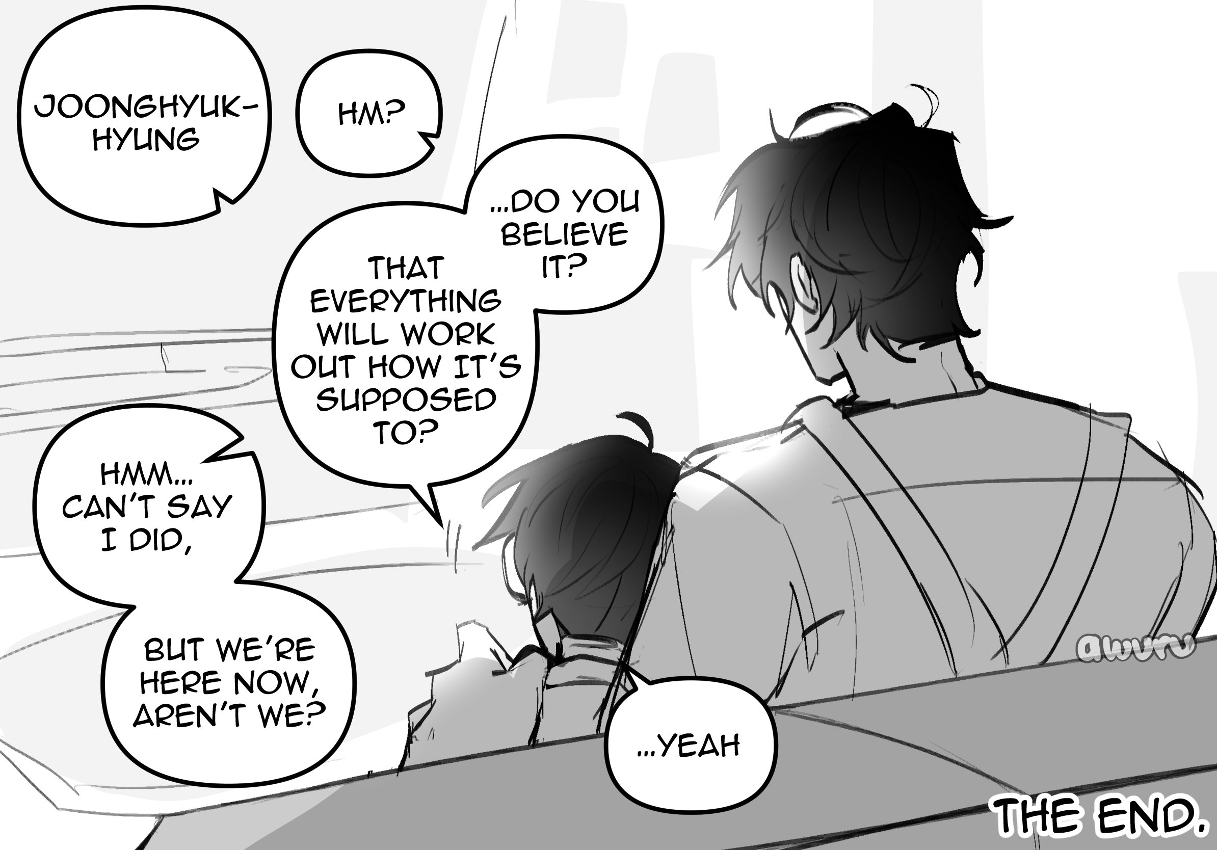 kim dokja, oldest dream, yoo joonghyuk, yoo joonghyuk (999th turn), omniscient reader's viewpoint, highres, 2boys, apron, areuwuu, couch, english text, from behind, greyscale, hand on another's shoulder, leaning on person, male focus, monochrome, multiple boys, short hair, sitting, speech bubble, television