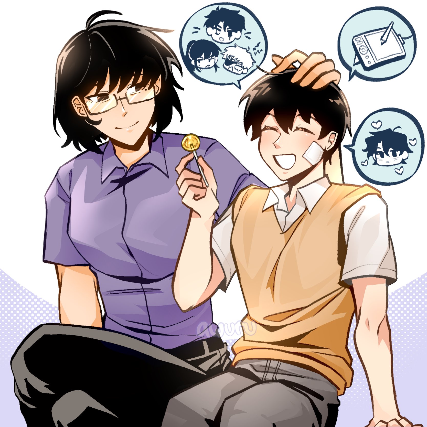 han sooyoung, kim dokja, kim namwoon, lee hyunsung, lee jihye, oldest dream, yoo joonghyuk, omniscient reader's viewpoint, highres, 1boy, 1girl, areuwuu, black eyes, black hair, candy, chibi, chibi inset, closed eyes, collared shirt, crossed legs, feet out of frame, food, glasses, grin, hand on another's head, holding, holding candy, holding food, holding lollipop, lollipop, looking at another, purple shirt, shirt, short hair, sitting, smile, spoken character, vest, white shirt, yellow vest