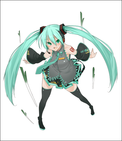 aka ume, hatsune miku, vocaloid, 1girl, aqua eyes, aqua hair, female focus, solo, spring onion, thighhighs, twintails