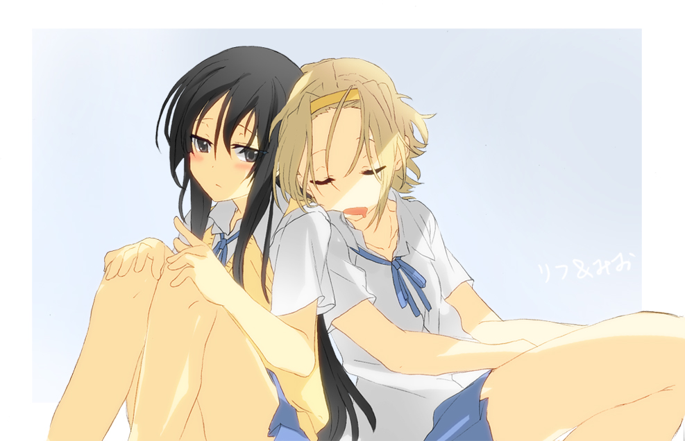 hareta, seita, akiyama mio, tainaka ritsu, k-on!, 00s, 2girls, bare legs, black eyes, black hair, blue background, blue ribbon, blue skirt, blush, brown hair, closed eyes, collared shirt, drooling, hairband, hands on own knees, head on another's shoulder, knees up, long hair, looking at viewer, multiple girls, orange hairband, pleated skirt, ribbon, school uniform, shirt, short hair, short sleeves, simple background, skirt, sleeping, sleeping upright, thighs, very long hair, wing collar