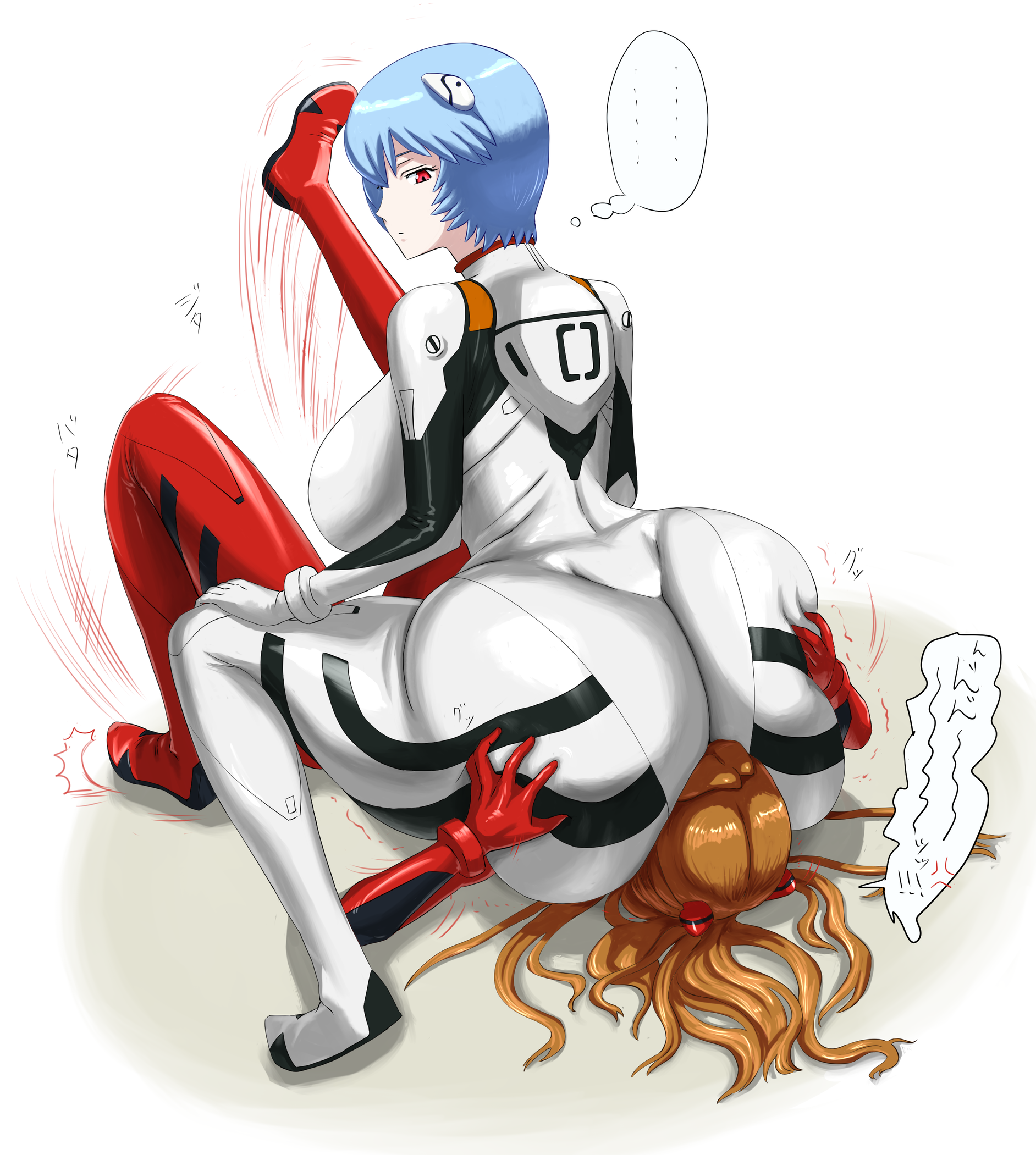 matsumaruyama, ayanami rei, souryuu asuka langley, neon genesis evangelion, 2girls, ass, blue hair, bodysuit, breasts, brown hair, femdom, grabbing another's ass, groping, hand on another's ass, huge ass, huge breasts, long hair, looking back, mecha pilot suit, multiple girls, plugsuit (evangelion), red bodysuit, red eyes, short hair, sitting, sitting on face, sitting on person, white bodysuit, yuri