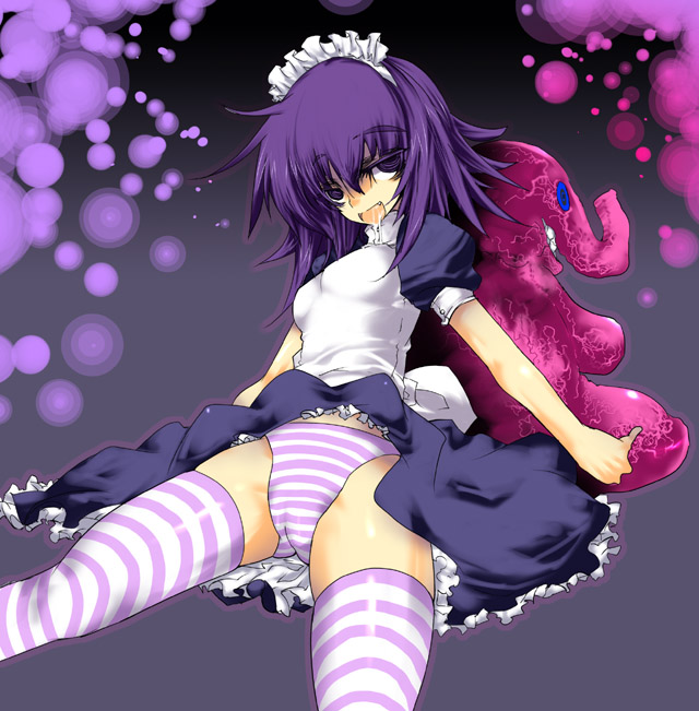 aoguu, yakui, futaba channel, nijiura maids, bad id, bad pixiv id, 1girl, drugged, elephant, female focus, maid, panties, purple eyes, purple hair, saliva, solo, stoned, striped clothes, striped panties, striped thighhighs, thighhighs, underwear