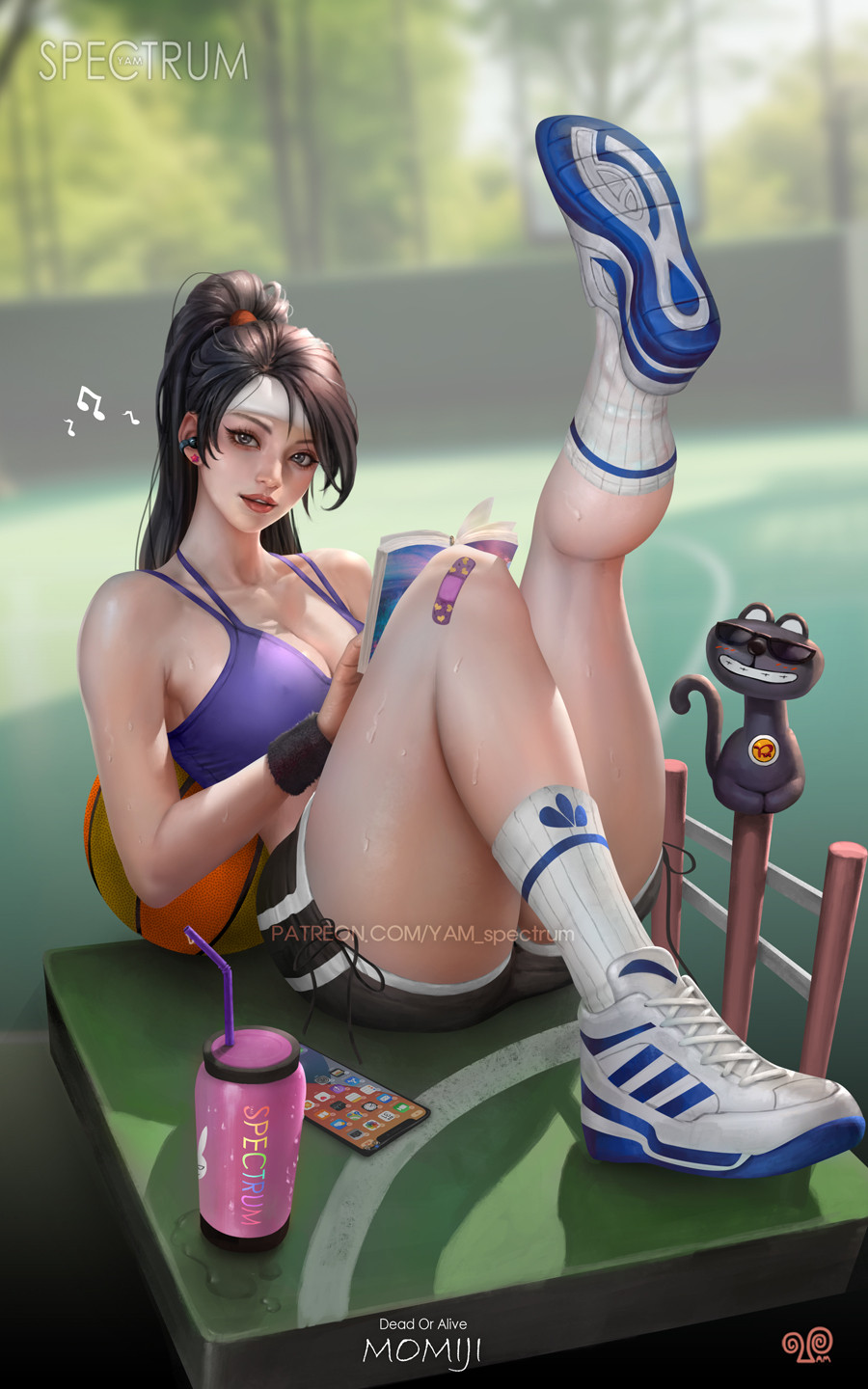 yam spectrum, momiji (ninja gaiden), ninja gaiden, highres, 1girl, armpit crease, bandaid, bandaid on knee, bandaid on leg, black hair, black shorts, blue sports bra, book, bottle, breasts, cellphone, cleavage, collarbone, drinking straw, gym shorts, headband, headphones, high ponytail, holding, holding book, large breasts, leg up, listening to music, long hair, looking at viewer, parted lips, phone, ponytail, reading, shoes, shorts, sitting, smile, sneakers, socks, sports bra, sportswear, sweat, sweatdrop, table, teeth, very long hair, water bottle, white socks