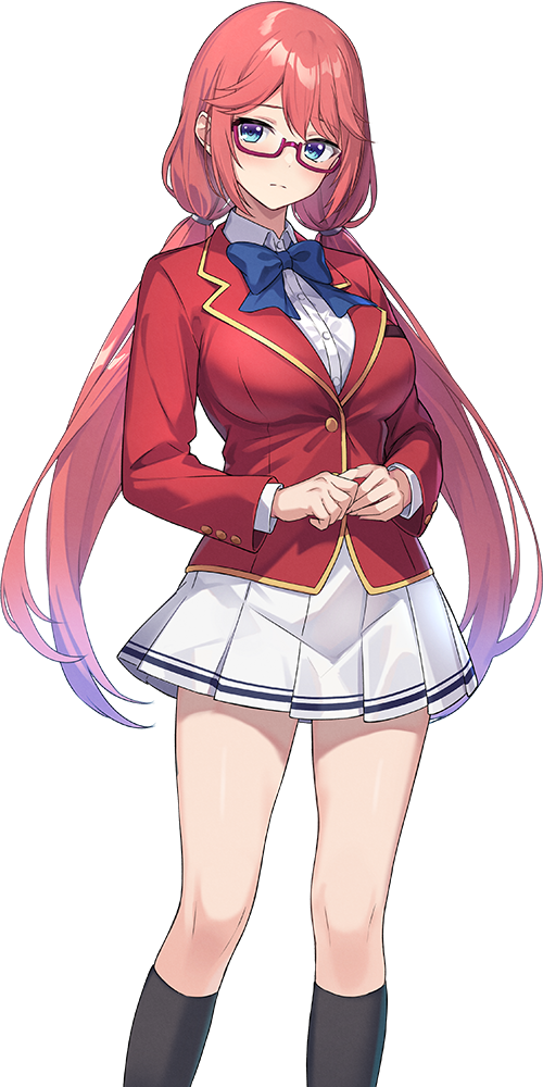 sakura airi, youkoso jitsuryoku shijou shugi no kyoushitsu e, official art, 1girl, advanced nurturing high school uniform, black socks, blazer, blue bow, blue bowtie, blue eyes, bow, bowtie, breasts, closed mouth, collared shirt, feet out of frame, glasses, hair tie, jacket, kneehighs, large breasts, long hair, long sleeves, looking at viewer, low twintails, own hands together, pink hair, pleated skirt, red-framed eyewear, red jacket, school uniform, semi-rimless eyewear, shirt, simple background, skirt, socks, solo, tachi-e, transparent background, twintails, under-rim eyewear, white shirt, white skirt