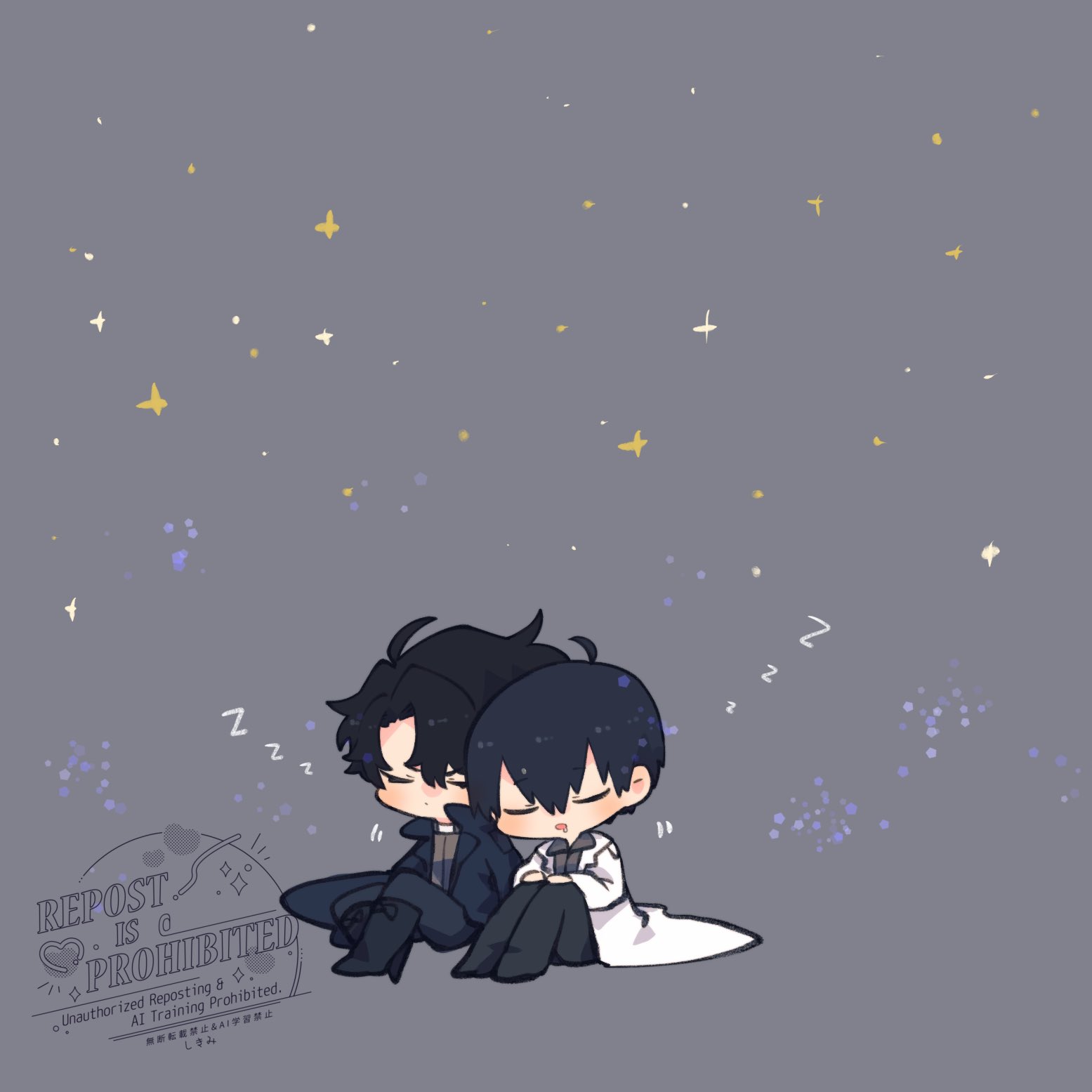 kim dokja, yoo joonghyuk, omniscient reader's viewpoint, commentary, highres, symbol-only commentary, 2boys, ahoge, black coat, black hair, black shirt, boots, closed eyes, coat, collared shirt, curtained hair, double-parted bangs, hair between eyes, kimidori 22, knees up, male focus, multiple boys, open clothes, open coat, popped collar, shirt, short hair, sitting, sky, sleeping, sparkle, star (sky), starry sky, white coat, zzz