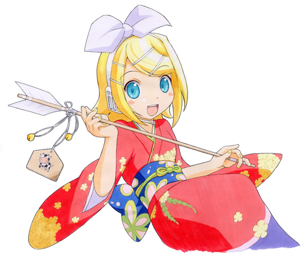 shirohebidou, kagamine rin, vocaloid, 00s, 1girl, 2009, arrow (projectile), female focus, hamaya, japanese clothes, kimono, simple background, solo, yukata