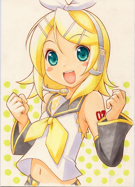 shirohebidou, kagamine rin, vocaloid, marker (medium), traditional media, 1girl, :d, aqua eyes, belt, blonde hair, blush stickers, bow, clenched hands, detached sleeves, female focus, hair bow, hair ornament, hairclip, headset, midriff, nail polish, navel, open mouth, polka dot, polka dot background, short hair, smile, solo, tattoo, treble clef, upper body, yellow nails