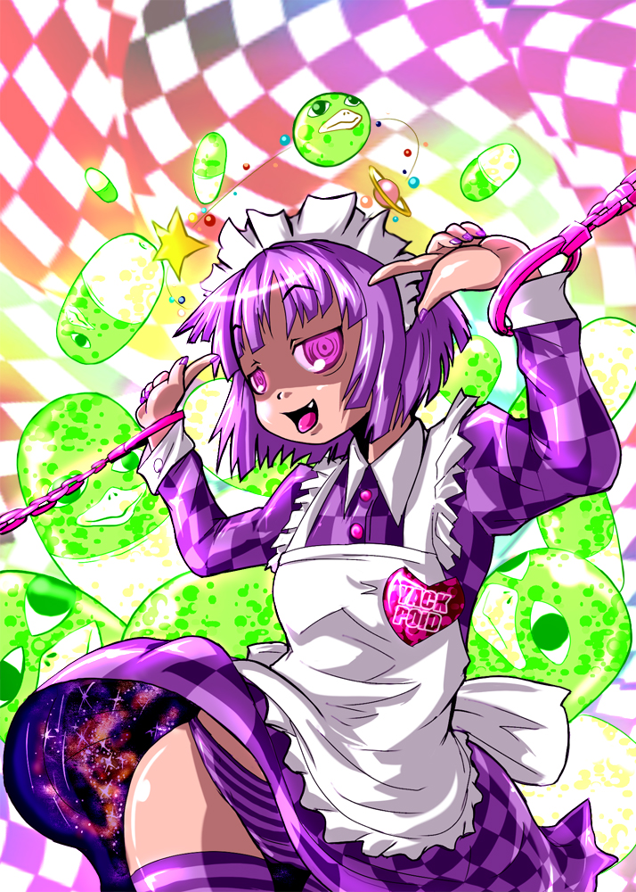 marimo (ankokumarimo), yakui, futaba channel, nijiura maids, 1girl, chain, drugged, drugs, female focus, hip focus, maid, panties, pantyshot, purple eyes, purple hair, solo, striped clothes, striped panties, striped thighhighs, thigh gap, thighhighs, thighs, underwear, wide hips