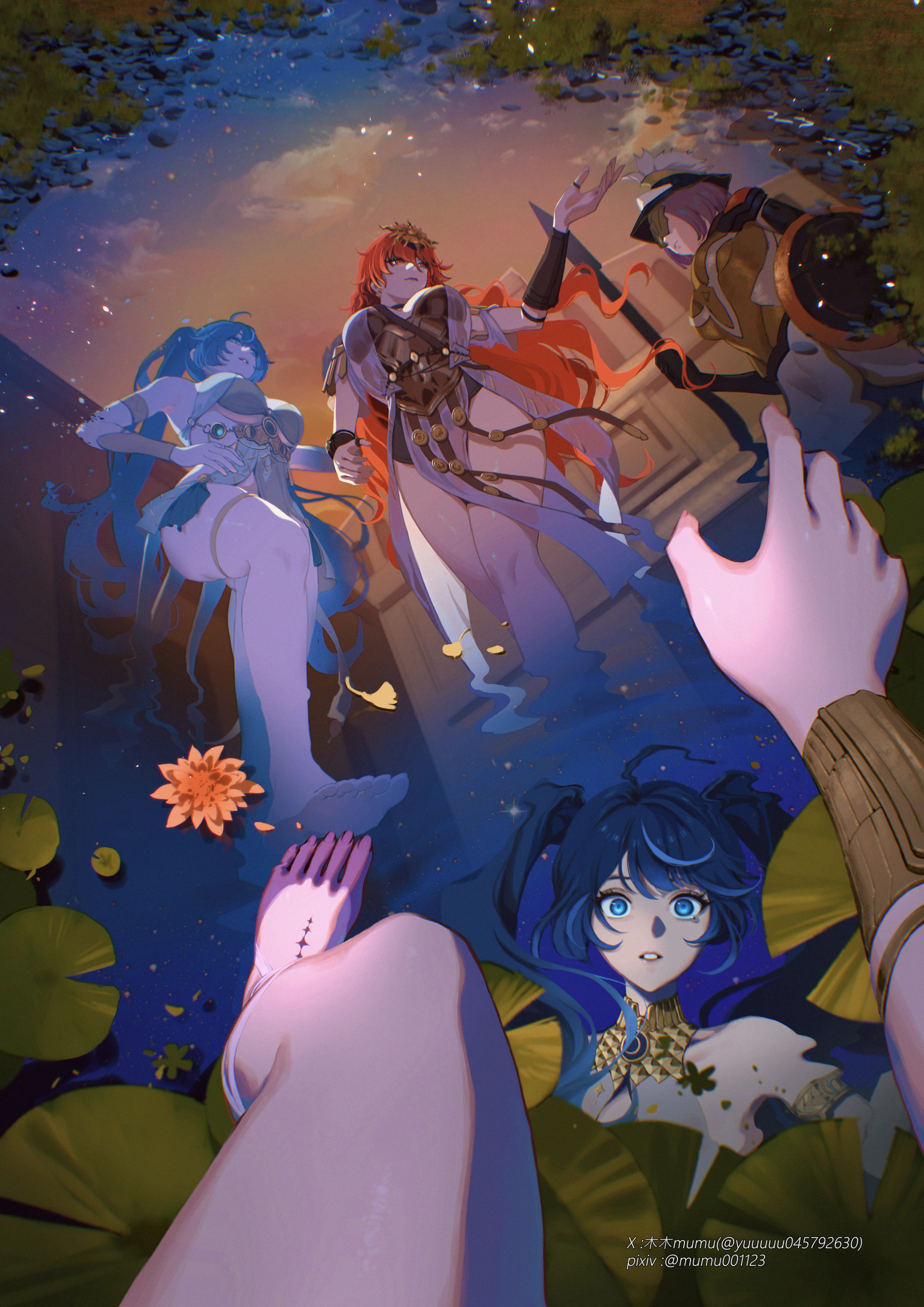 augusta (wuthering waves), iuno (wuthering waves), wuthering waves, absurdres, commentary, english commentary, highres, 1girl, ancient greek clothes, armor, bare shoulders, barefoot, blue eyes, blue hair, breastplate, different reflection, dress, female pov, gold bra, greco-roman clothes, hand on own hip, headgear, long hair, multicolored hair, mumu (mumu arttt), orange hair, parted lips, pov, reaching, reflection, solo, streaked hair, tacet mark (wuthering waves), thigh strap, twintails, vambraces, white dress