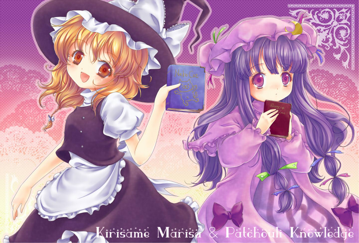 iris (artist), iris anemone, kirisame marisa, patchouli knowledge, touhou, 2girls, blonde hair, book, braid, female focus, hat, long hair, multiple girls, purple eyes, purple hair, short hair, witch, witch hat, yellow eyes