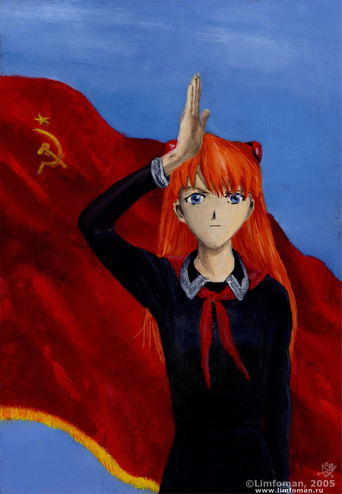 limfoman, souryuu asuka langley, neon genesis evangelion, 00s, 1girl, 2005, arm up, artist name, blue eyes, communism, dated, female focus, flag, hair ornament, hammer and sickle, long hair, looking at viewer, propaganda, red flag, red hair, russia, salute, sky, solo
