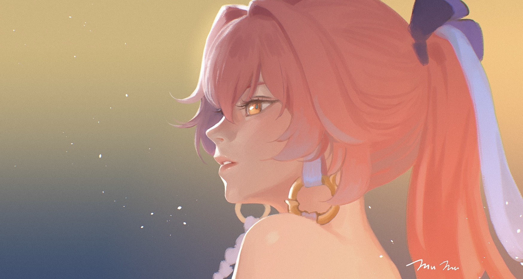 changli (wuthering waves), wuthering waves, commentary, english commentary, highres, 1girl, from side, hair extensions, long hair, looking ahead, mumu (mumu arttt), orange eyes, parted lips, pink hair, portrait, ring hair extensions, solo