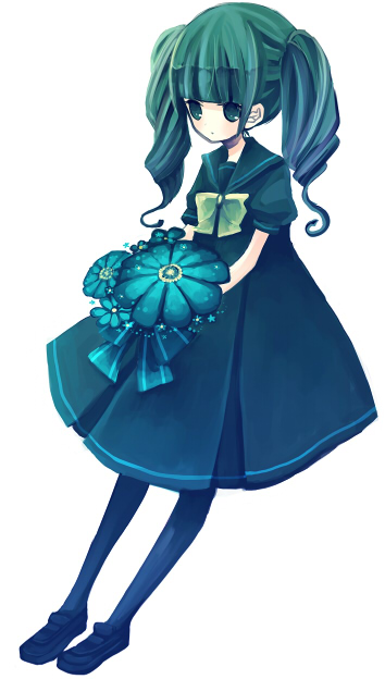 hachino, bad id, bad pixiv id, tagme, black pantyhose, blunt bangs, flower, green eyes, green hair, pantyhose, simple background, solo, twintails, white background