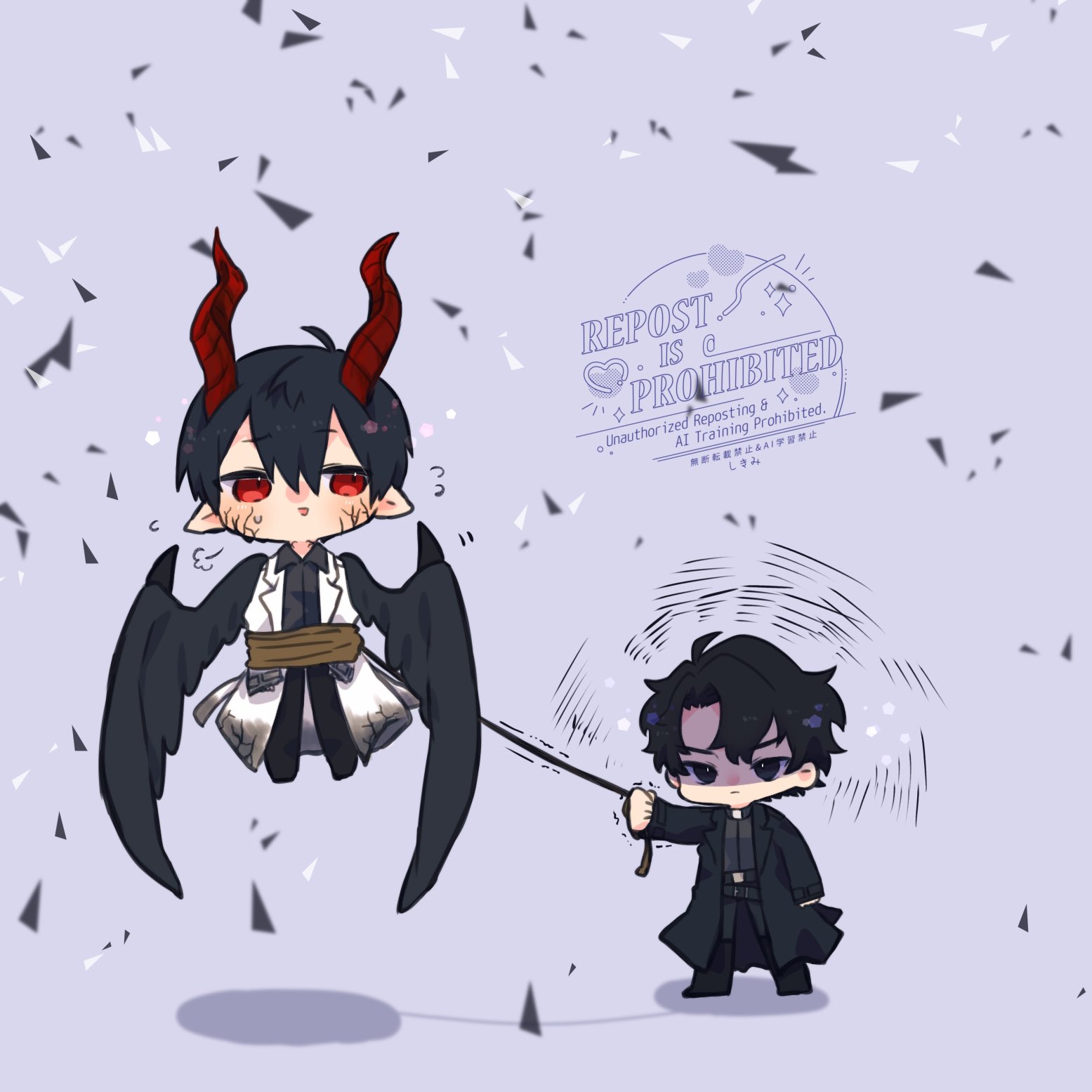 kim dokja, yoo joonghyuk, omniscient reader's viewpoint, commentary, highres, symbol-only commentary, 2boys, ahoge, black coat, black hair, black shirt, black wings, breath, coat, collared shirt, colored veins, curtained hair, demon horns, double-parted bangs, feathered wings, floating, full body, glass shards, gradient clothes, hair between eyes, holding lasso, horns, kimidori 22, lasso, male focus, multiple boys, narrowed eyes, open clothes, open coat, open mouth, partially shaded face, popped collar, red eyes, shirt, short hair, white coat, wings