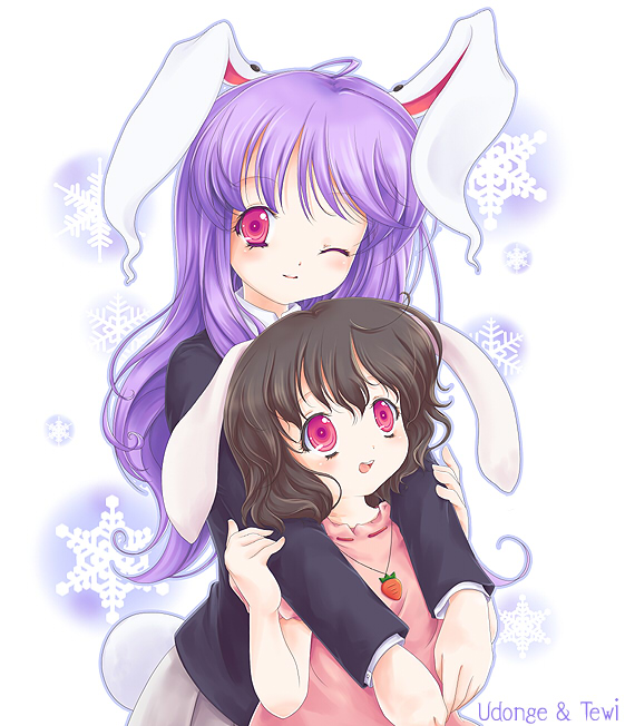 iris (artist), iris anemone, inaba tewi, reisen udongein inaba, touhou, 2girls, animal ears, blazer, brown hair, carrot, female focus, hug, hug from behind, jacket, jewelry, long hair, multiple girls, one eye closed, pendant, pink eyes, pleated skirt, purple hair, rabbit ears, short hair, skirt, snowflakes, wink