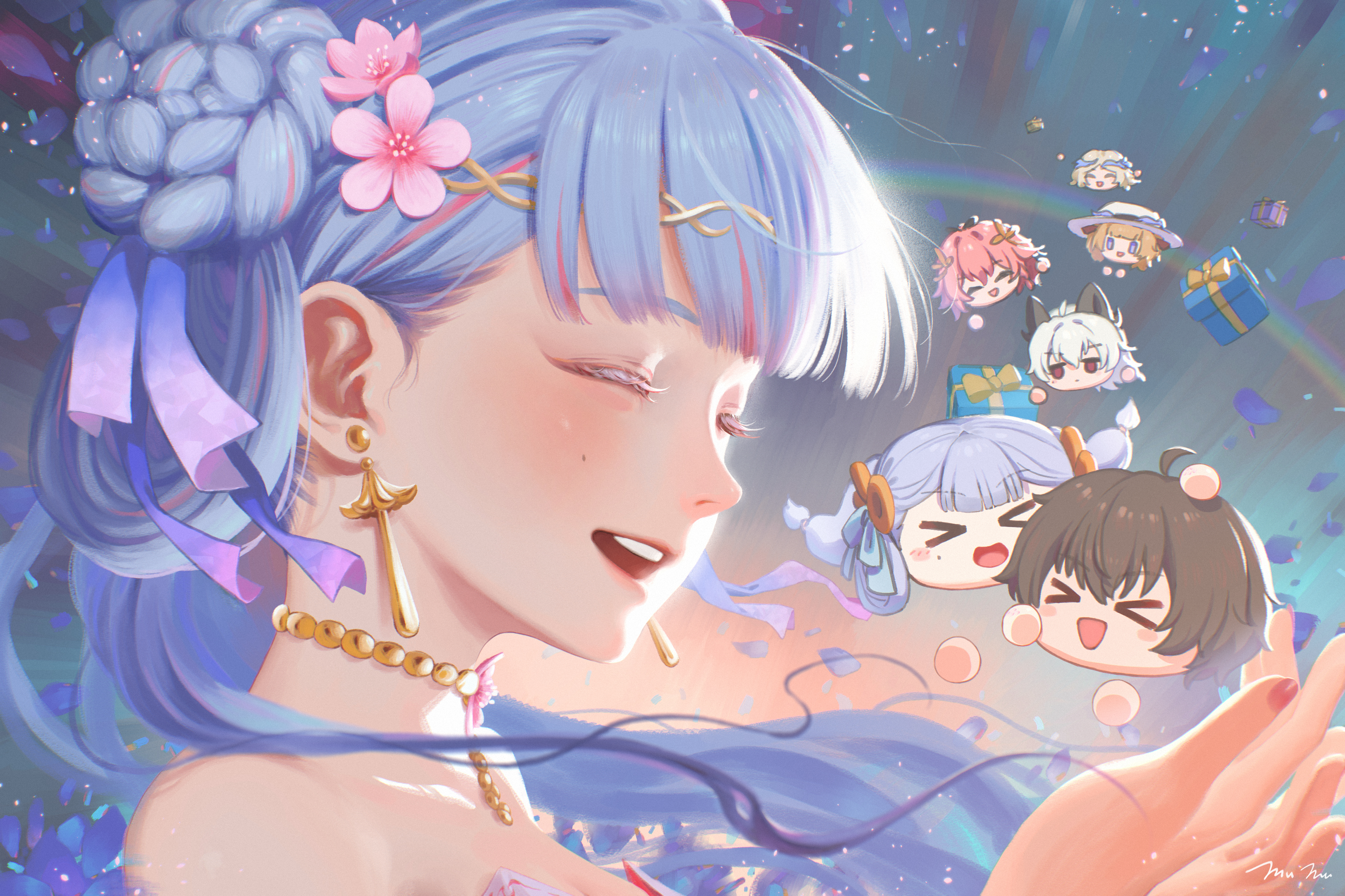 cartethyia (wuthering waves), changli (wuthering waves), jinhsi (peach blossom) (wuthering waves), jinhsi (wuthering waves), male rover (wuthering waves), phoebe (wuthering waves), rover (wuthering waves), zani (wuthering waves), wuthering waves, absurdres, commentary, english commentary, highres, > <, 1girl, ball hands, box, closed eyes, earrings, fingernails, flower, from side, gift, gift box, grey hair, hair flower, hair ornament, hair ribbon, hands up, jewelry, long hair, mole, mole on cheek, multicolored hair, mumu (mumu arttt), open mouth, pink flower, portrait, purple ribbon, remnant cube (wuthering waves), ribbon, smile, solo, streaked hair