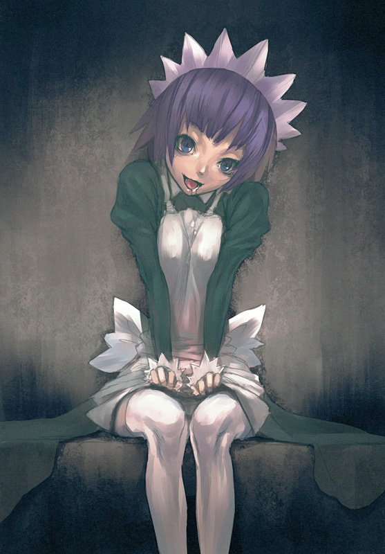redjuice, yakui, futaba channel, nijiura maids, bad id, bad pixiv id, duplicate, 1girl, female focus, maid, purple hair, saliva, sitting, solo, thighhighs