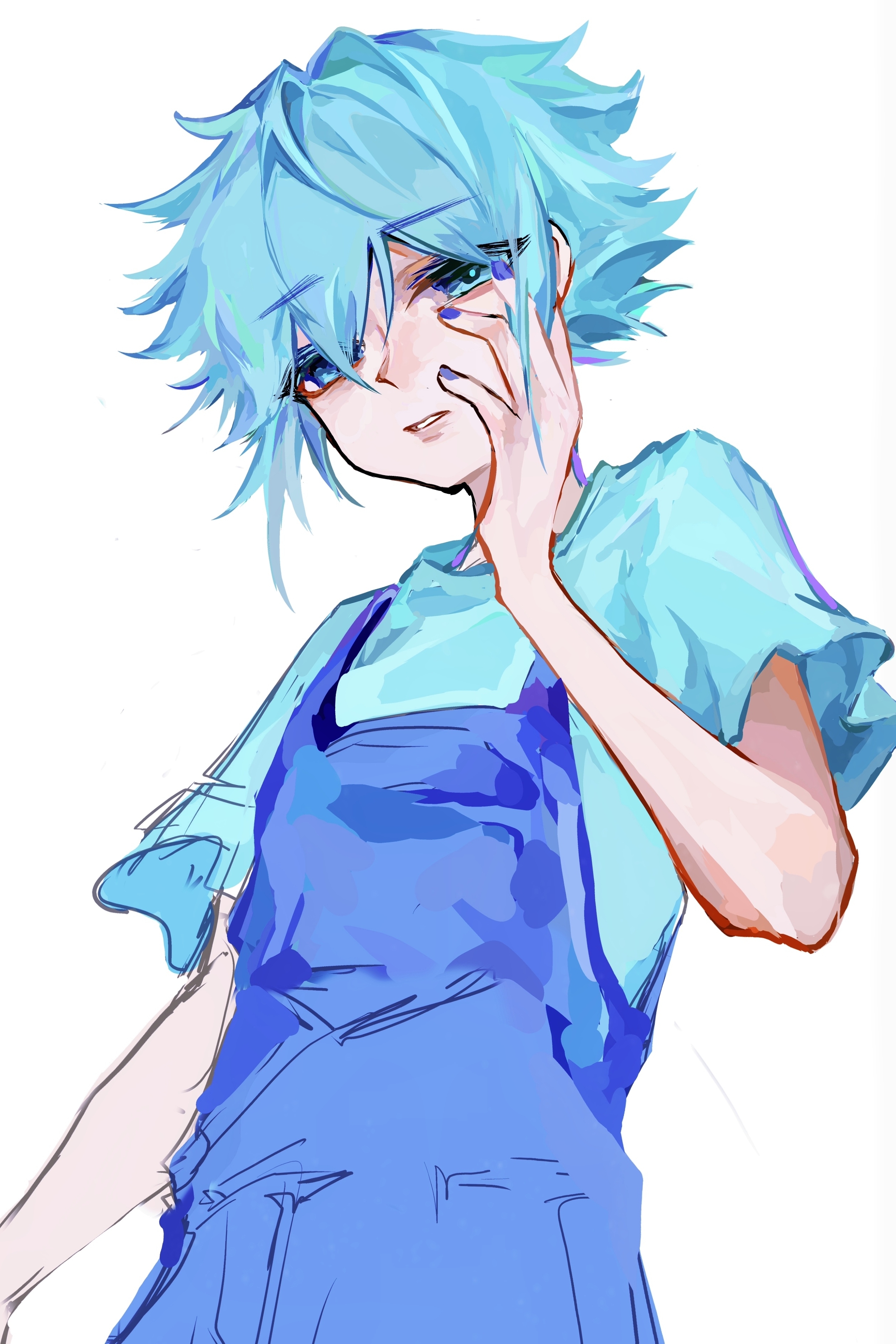 basil (headspace) (omori), basil (omori), omori, absurdres, highres, 1boy, arm at side, bare arms, blue eyes, blue hair, blue nails, blue overalls, blue shirt, clenched teeth, double-parted bangs, flipped hair, from below, hair between eyes, hair intakes, half-closed eyes, hand on own cheek, hand on own face, hand up, male focus, mellocaa, nail polish, overalls, shirt, short hair, short sleeves, simple background, solo, teeth, upper body, white background