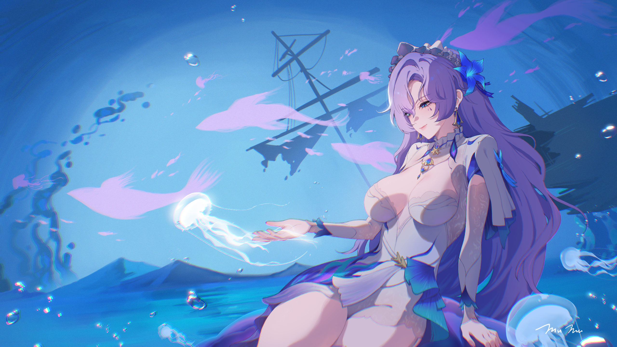 cantarella (wuthering waves), wuthering waves, commentary, highres, 1girl, blue eyes, blue flower, breasts, bubble, chromatic aberration, closed mouth, dress, earrings, facial mark, flower, hair flower, hair ornament, headdress, jellyfish, jewelry, large breasts, long hair, mark under eye, mumu (mumu arttt), purple hair, shrug (clothing), sitting, smile, solo, thighs, very long hair, white dress, white shrug