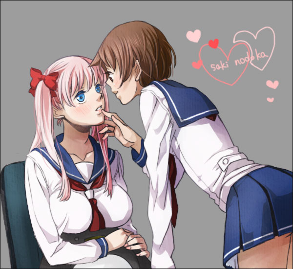 kurage (huwahuwaru n), etopen, haramura nodoka, miyanaga saki, saki (manga), bad id, bad pixiv id, 00s, 2girls, bird, blue eyes, blush, bow, breasts, brown eyes, brown hair, hair bow, large breasts, long hair, multiple girls, penguin, pink hair, ribbon, school uniform, serafuku, short hair, stuffed animal, stuffed toy, twintails, yuri