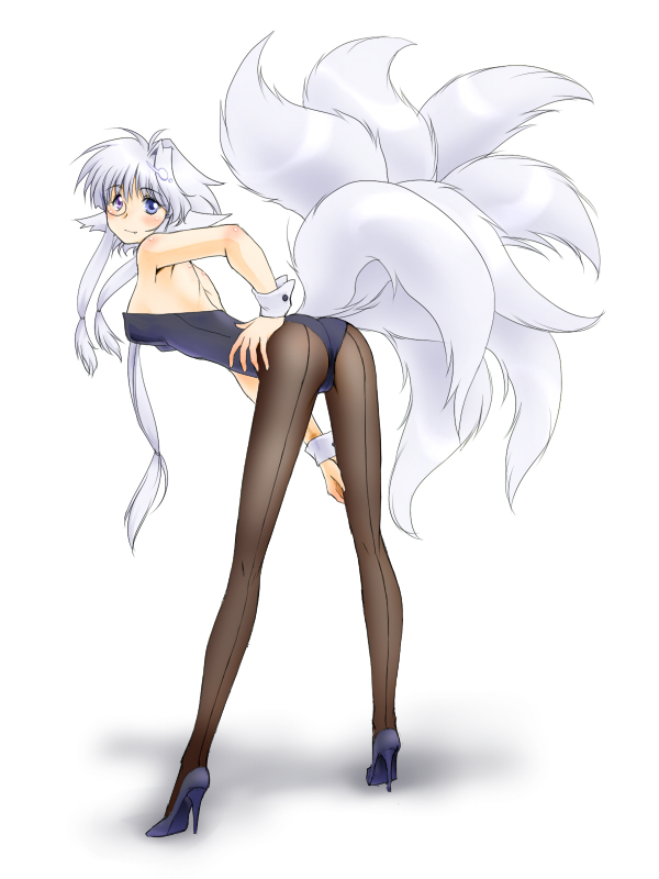 yagisaka seto, usuishi tenchou, original, gender request, 1girl, animal ears, ass, back-seamed legwear, bent over, blue eyes, dog ears, fake animal ears, female focus, fox ears, fox tail, genderswap, hand on own hip, heterochromia, high heels, long hair, looking back, monocle, multiple tails, nontraditional playboy bunny, pantyhose, playboy bunny, rabbit ears, seamed legwear, shoes, solo, tail, white hair, wrist cuffs