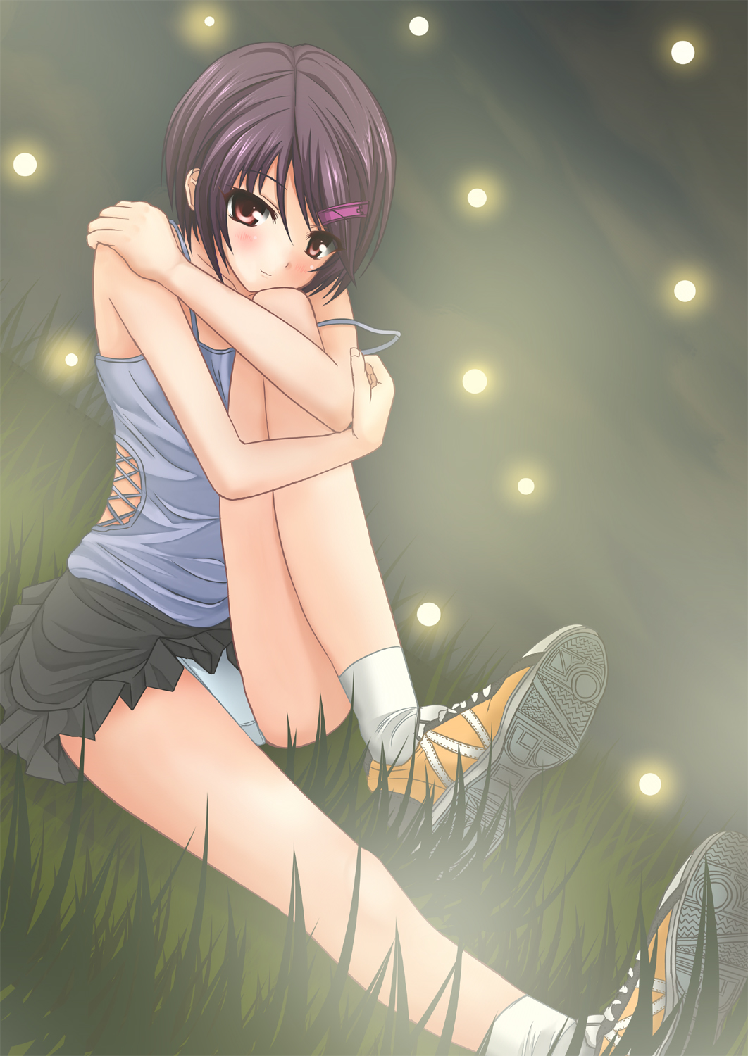 natsuzakura yuuki, original, bad id, bad pixiv id, highres, 1girl, blush, brown hair, bug, dutch angle, female focus, fireflies, firefly, grass, hair ornament, hairclip, hugging own legs, insect, panties, pantyshot, purple hair, shoes, short hair, sitting, skirt, smile, sneakers, solo, strap slip, underwear