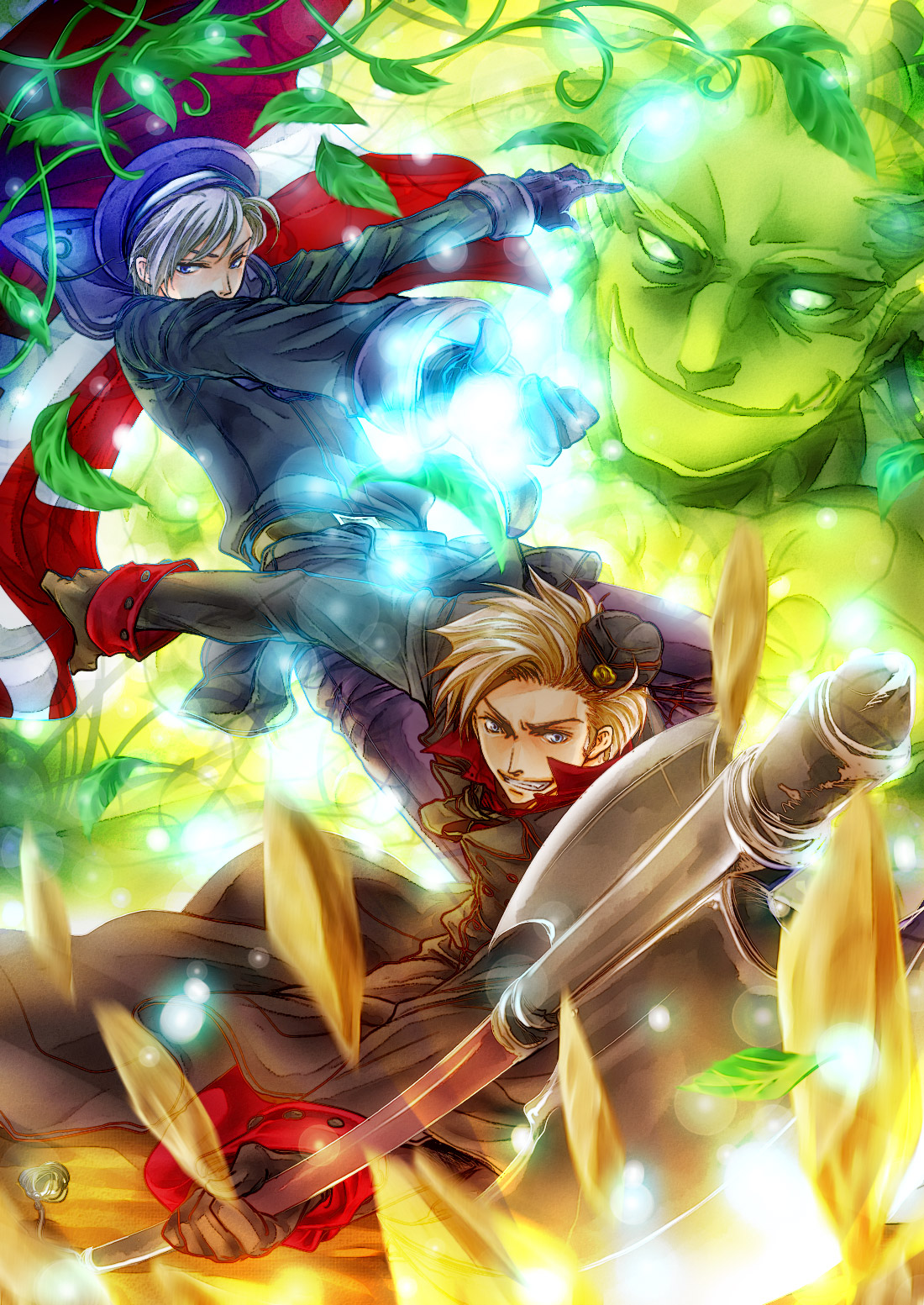 asato (anjam), denmark (hetalia), norway (hetalia), axis powers hetalia, silver hair, bad id, bad pixiv id, highres, 00s, 3boys, attack, axe, beret, blonde hair, blue eyes, coat, flag, garrison cap, gloves, glowing, grin, hat, leaf, magic, male focus, military, military uniform, multiple boys, nature, plant, sailor, sailor collar, sailor hat, short hair, smile, trench coat, weapon