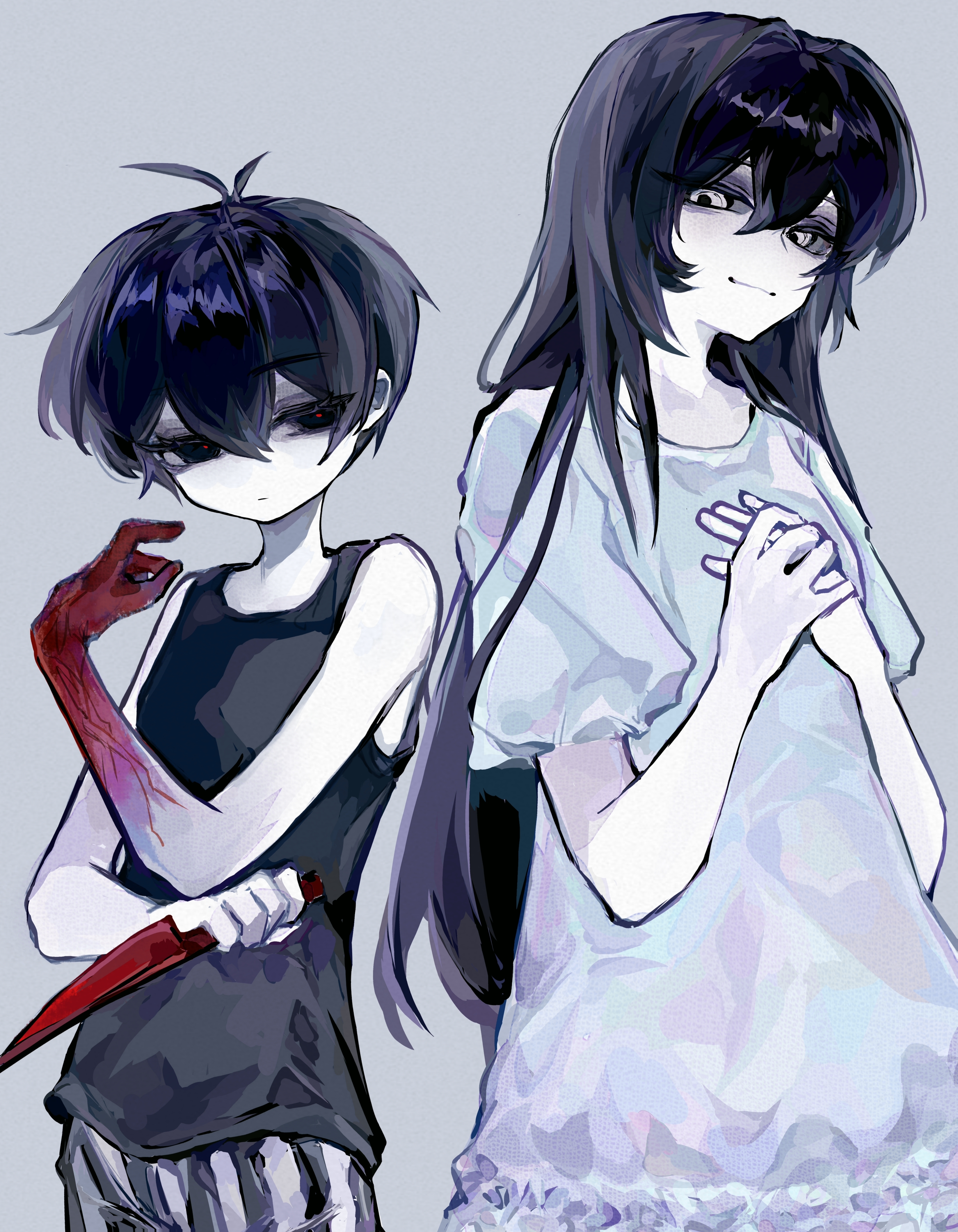 mari (omori), mari (spirit) (omori), omori (omori), omori, absurdres, chinese commentary, commentary request, highres, spoilers, 1boy, 1girl, antenna hair, back-to-back, bare arms, bare shoulders, black eyes, black hair, black pants, black sclera, black tank top, blood, blood on hands, bright pupils, closed mouth, colored sclera, colored skin, cowboy shot, double-parted bangs, dress, expressionless, eyeshadow, frilled dress, frills, grey background, hair between eyes, hand up, hands on own chest, height difference, holding, holding knife, knife, long hair, looking at another, looking at viewer, looking back, makeup, mellocaa, no nose, own hands together, pants, puffy short sleeves, puffy sleeves, purple eyeshadow, red pupils, reverse grip, short hair, short sleeves, sidelocks, sideways glance, simple background, smile, standing, straight hair, striped clothes, striped pants, tank top, two-tone pants, vertical-striped clothes, vertical-striped pants, very long hair, very short hair, white dress, white eyes, white pants, white skin