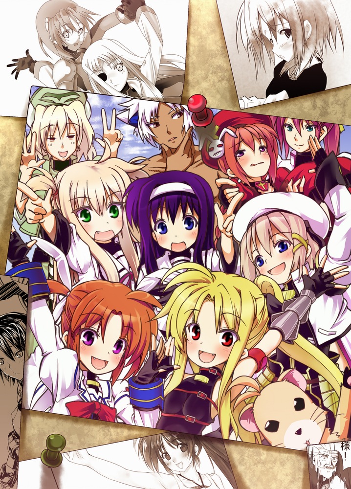 boshi (a-ieba), boshinote, arisa bunnings, cinque (nanoha), fate testarossa, fate testarossa (lightning form), numbers (nanoha), shamal, signum, takamachi nanoha, takamachi nanoha (sacred mode), tsukimura suzuka, vita (nanoha), yagami hayate, yuuno scrya, zafira, lyrical nanoha, mahou shoujo lyrical nanoha, mahou shoujo lyrical nanoha strikers, bad id, bad pixiv id, 00s, 1boy, 6+girls, blonde hair, blush, bulletin board, fang, multiple girls, open mouth, photo (object), ponytail