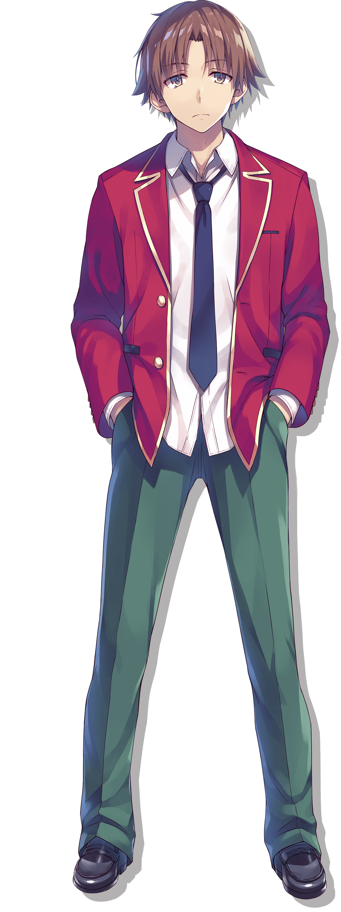 tomose shunsaku, ayanokouji kiyotaka, youkoso jitsuryoku shijou shugi no kyoushitsu e, absurdres, highres, official art, 1boy, black necktie, black shoes, blazer, brown eyes, brown hair, closed mouth, collared shirt, expressionless, full body, green pants, hands in pockets, jacket, loafers, long sleeves, looking at viewer, male focus, necktie, open clothes, open jacket, pants, red jacket, shirt, shoes, simple background, solo, standing, transparent background, white shirt