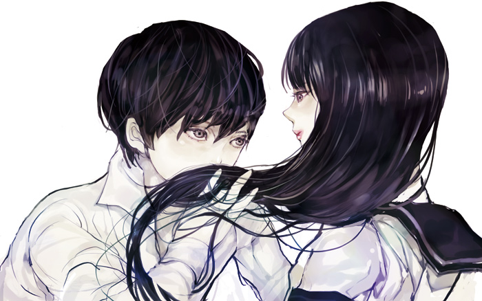 nogaru wako, kamiyama itsuki, morino yoru, goth (manga), 1boy, 1girl, black hair, long hair, school uniform, short hair