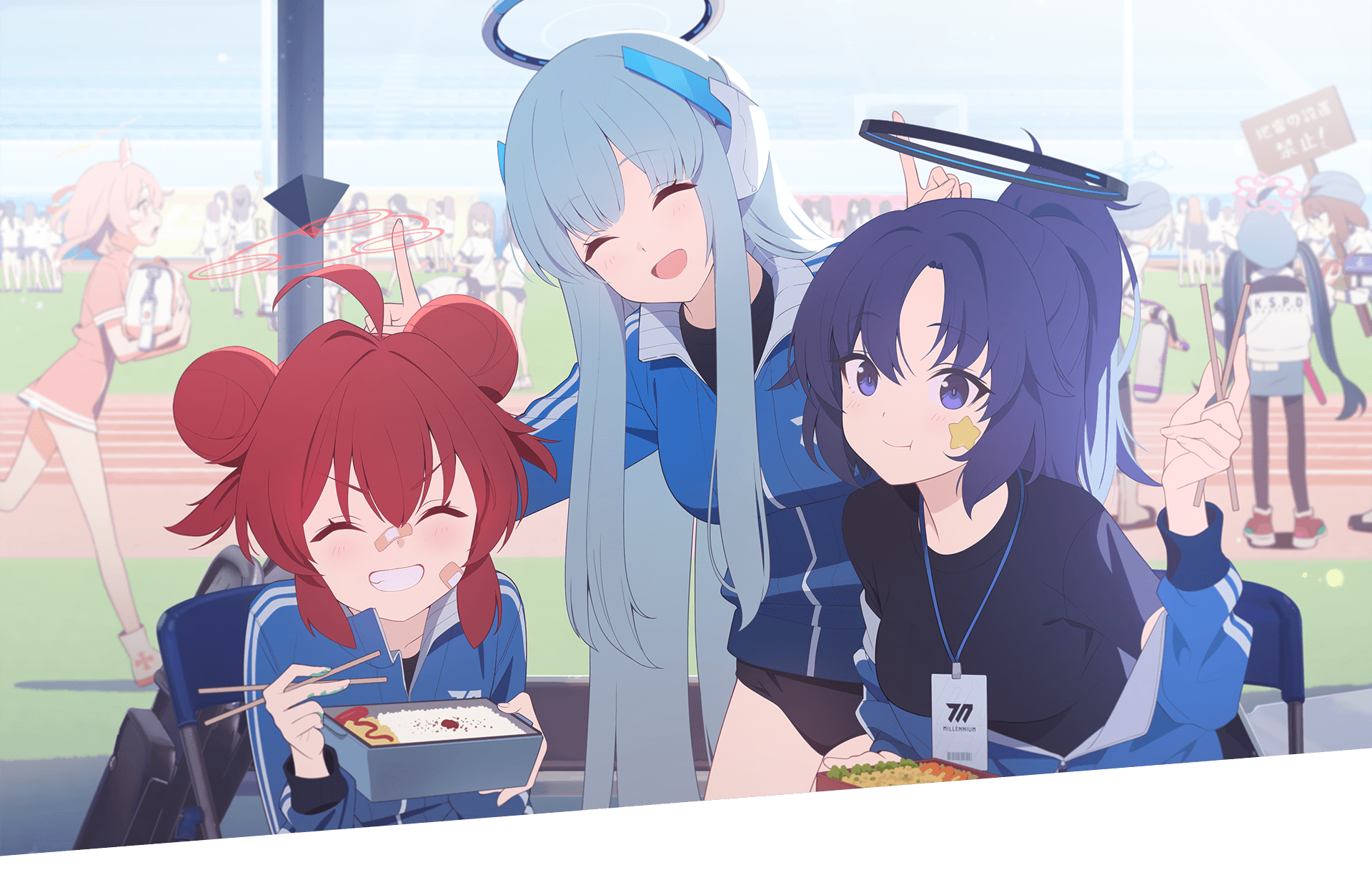 fubuki (blue archive), kirino (blue archive), maki (blue archive), noa (blue archive), serina (blue archive), serina (nurse) (blue archive), yuuka (blue archive), yuuka (track) (blue archive), blue archive, official art, tagme, 6+girls, :d, ahoge, bag, bandaid, bento, black hair, bloomers, blue eyes, blue hair, blue halo, blue hat, blue jacket, boots, breasts, brown hair, carrot, chair, chopsticks, closed eyes, closed mouth, double bun, eating, fire hydrant, folding chair, food, hair bun, hair ornament, halo, hat, holding, holding bag, holding chopsticks, holding sign, jacket, japanese text, ketchup, lanyard, long hair, looking at viewer, mechanical halo, medium breasts, millennium science school logo, multicolored shoes, multiple girls, omelet, open mouth, orange hair, outdoors, pink eyes, pink hair, ponytail, red hair, red halo, red shoes, rice, running, shoes, sign, sitting, smile, sneakers, standing, star (symbol), star sticker, sticker, sticker on face, straight hair, striped clothes, striped jacket, track and field, track jacket, track suit, twintails, underwear, walkie-talkie, white hair, white shoes, zipper, zipper pull tab