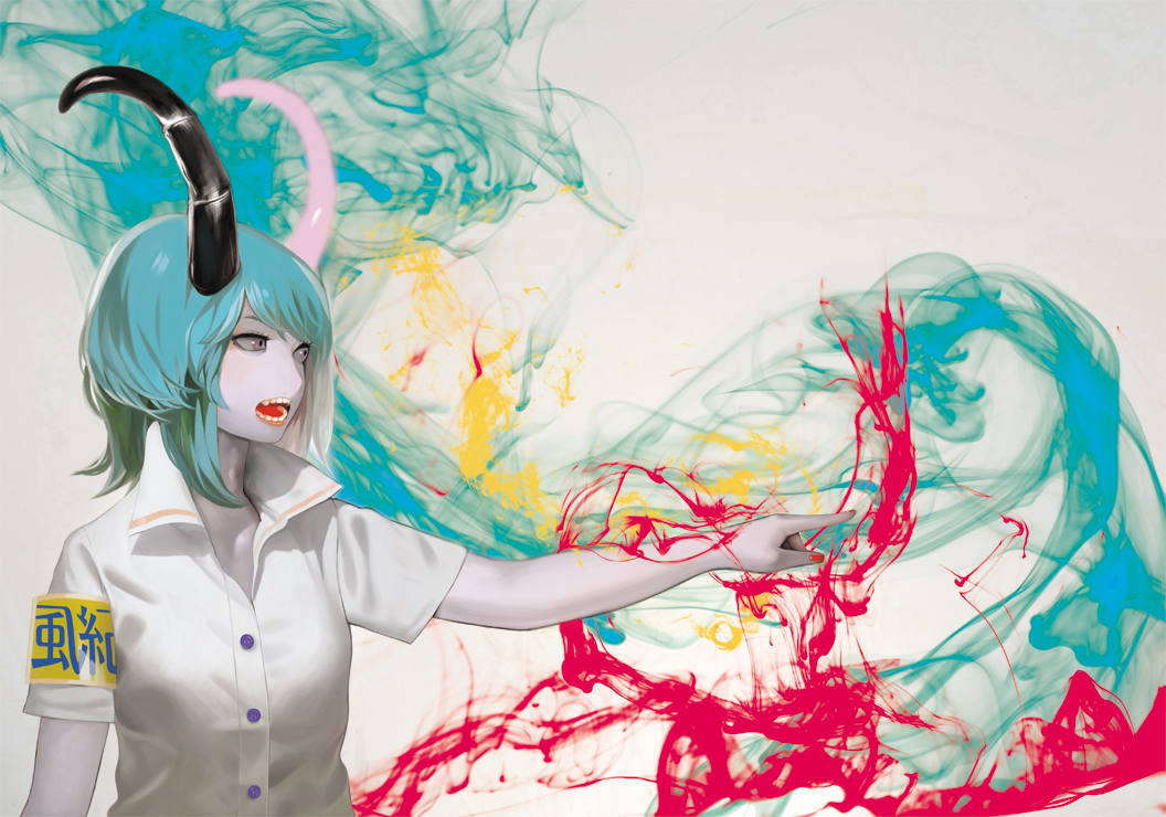 otorih, bad id, bad pixiv id, 1girl, aqua hair, armband, colored skin, dress shirt, female focus, grey eyes, grey skin, horns, nail polish, red nails, shirt, short hair, solo, teeth