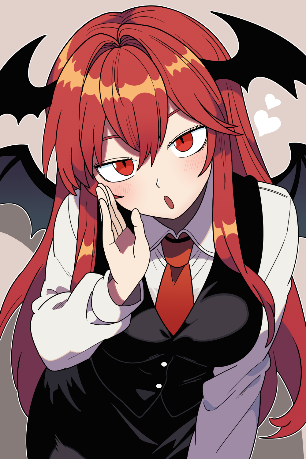 bollzzalguy, koakuma, touhou, highres, 1girl, :o, bat wings, black skirt, black vest, black wings, blush, breasts, brown background, cowboy shot, dress shirt, eyebrows hidden by hair, eyelashes, hair between eyes, hand on own cheek, hand on own face, head tilt, head wings, heart, long hair, long sleeves, looking at viewer, medium breasts, necktie, outline, red eyes, red hair, red necktie, shirt, sidelocks, simple background, skirt, slit pupils, solo, very long hair, vest, white outline, white shirt, wing collar, wings