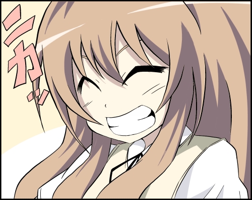 azumaya hironaru, aisaka taiga, toradora!, lowres, 00s, brown hair, closed eyes, grin, long hair, school uniform, smile, solo