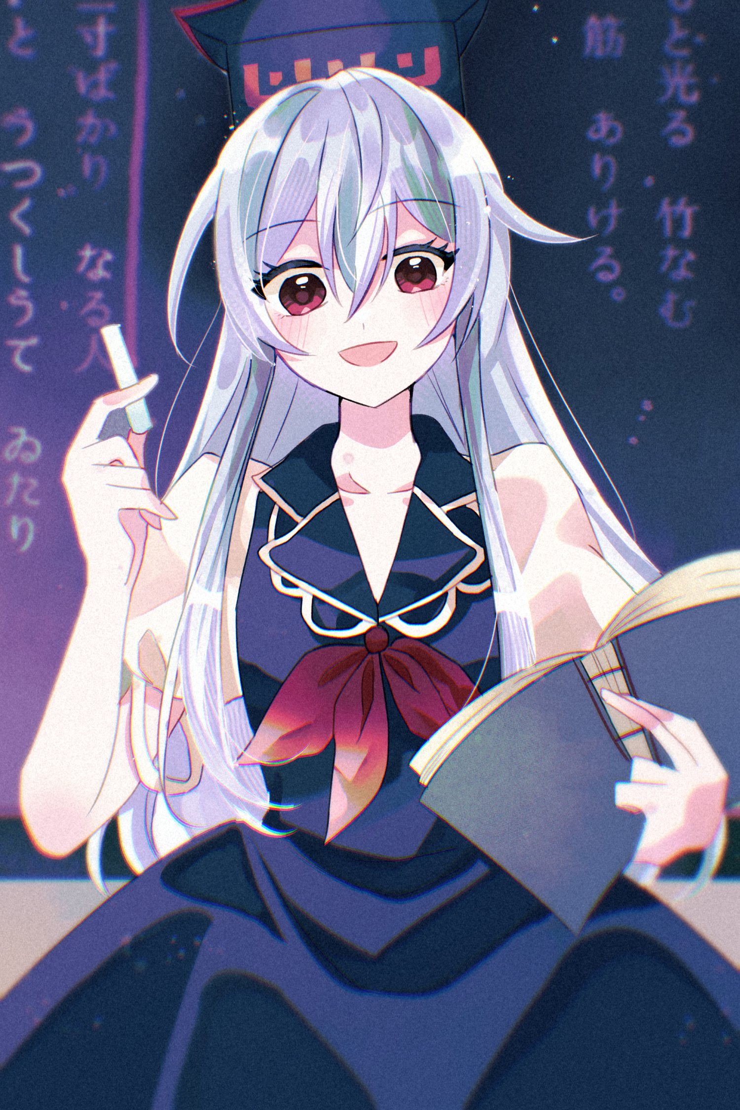 katsuragi atori, kamishirasawa keine, touhou, commentary, highres, 1girl, blue dress, blue hat, blush, book, chalk, chalkboard, collarbone, dress, grey hair, hair between eyes, hat, holding, holding book, holding chalk, long hair, looking at viewer, puffy short sleeves, puffy sleeves, red eyes, shirt, short sleeves, smile, solo, straight hair, very long hair, white shirt