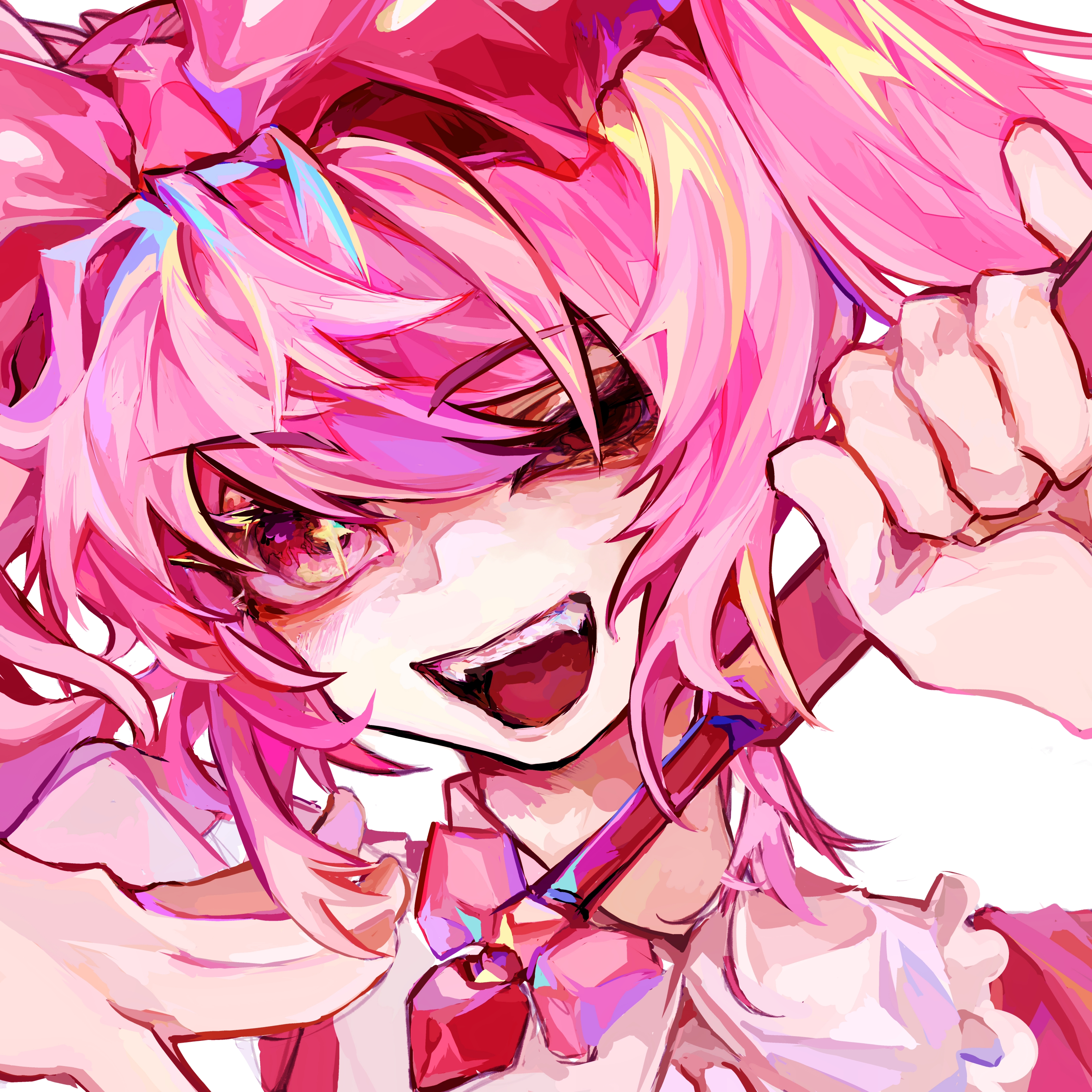 sweetheart (omori), omori, absurdres, highres, + +, 1girl, :d, aegyo sal, alternate skin color, bow, collared shirt, double-parted bangs, fangs, frilled shirt collar, frills, hair between eyes, hair bow, hand on own chest, hands up, holding, long hair, looking at viewer, mellocaa, open mouth, pink bow, pink eyes, pink hair, pink shirt, pinky out, shirt, sidelocks, simple background, sleeveless, sleeveless shirt, smile, solo, teeth, tongue, tsurime, twintails, upper teeth only, white background, yellow pupils