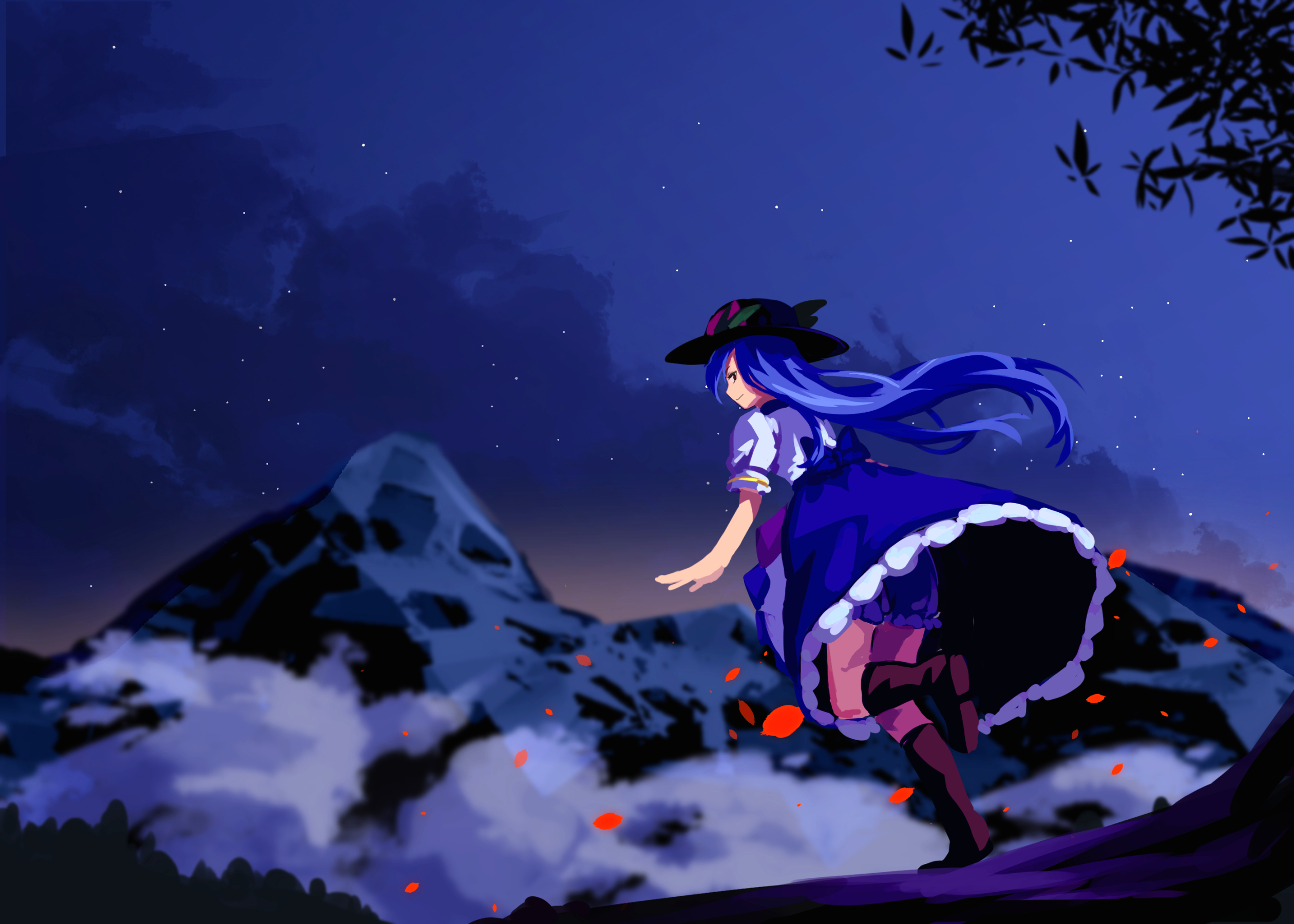 furahata gen, hinanawi tenshi, touhou, highres, 1girl, black boots, black hat, blue bow, blue hair, blue skirt, boots, bow, bow skirt, bush, cloud, falling petals, fog, frilled skirt, frills, hat, leaf, long hair, looking at viewer, mountain, night, night sky, peach hat ornament, petals, red eyes, shirt, skirt, sky, solo, star (sky), walking, white shirt