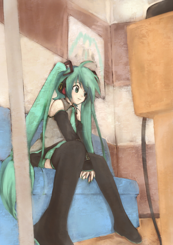loki, ploki, hatsune miku, vocaloid, bad id, bad pixiv id, 1girl, bare shoulders, black thighhighs, blue eyes, blue hair, detached sleeves, female focus, headset, long hair, matching hair/eyes, poster (object), sitting, solo, thighhighs, twintails, very long hair