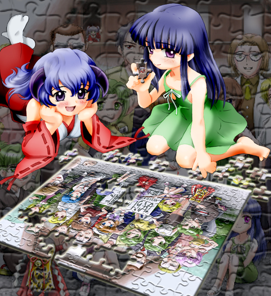 furude rika, hanyuu, higurashi no naku koro ni, md5 mismatch, non-web source, resolution mismatch, source larger, 00s, 2girls, barefoot, blue hair, dress, japanese clothes, jigsaw puzzle, long hair, miko, multiple girls, purple eyes, puzzle, ryukishi07 (style), sundress