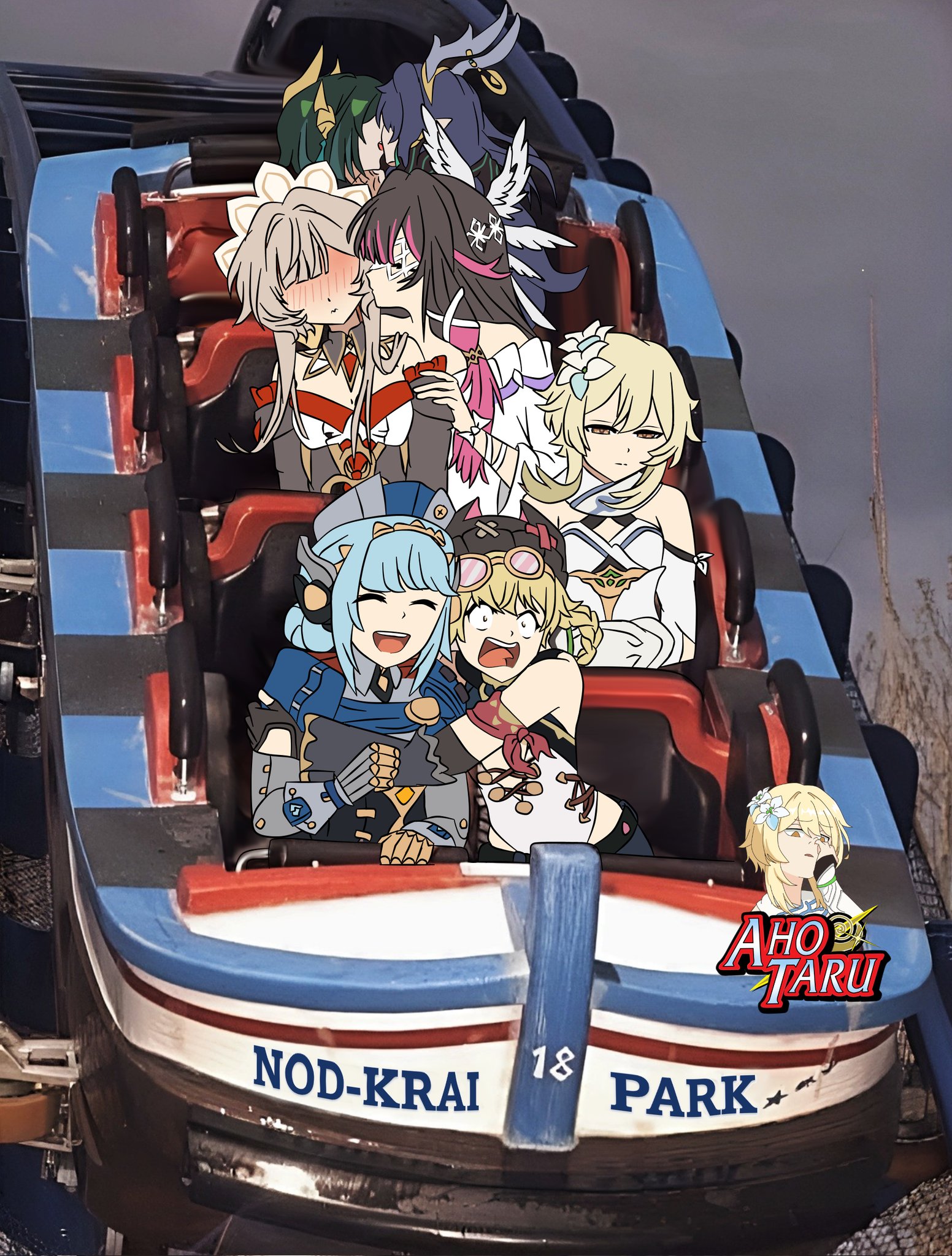 columbina (genshin impact), ineffa (genshin impact), jahoda (genshin impact), lauma (genshin impact), lumine (genshin impact), nefer (genshin impact), sandrone (genshin impact), genshin impact, highres, 6+girls, ahotaru3, ancient egyptian clothes, android, antlers, blonde hair, blue hair, blush, breasts, closed eyes, closed mouth, constricted pupils, deer antlers, dress, eye contact, eye mask, flower, green hair, green streaks, hair between eyes, hair ornament, horns, hug, joints, kiss, long hair, looking at another, mask, mechanical arms, mechanical legs, metal skin, multicolored hair, multiple girls, multiple wings, open mouth, prosthesis, prosthetic arm, robot, robot ears, robot girl, robot joints, scared, scarf, screaming, short hair with long locks, shouting, snake girl, teeth, white dress, white scarf, wide-eyed, wings, x-shaped eyewear, yellow eyes, yuri