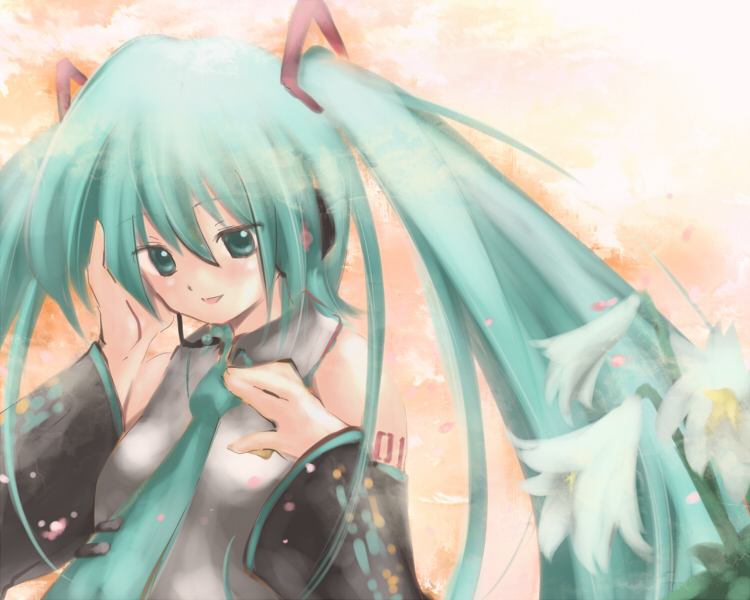 loki, ploki, hatsune miku, vocaloid, bad id, bad pixiv id, 1girl, bare shoulders, blue eyes, blue hair, detached sleeves, female focus, headset, matching hair/eyes, solo, twintails