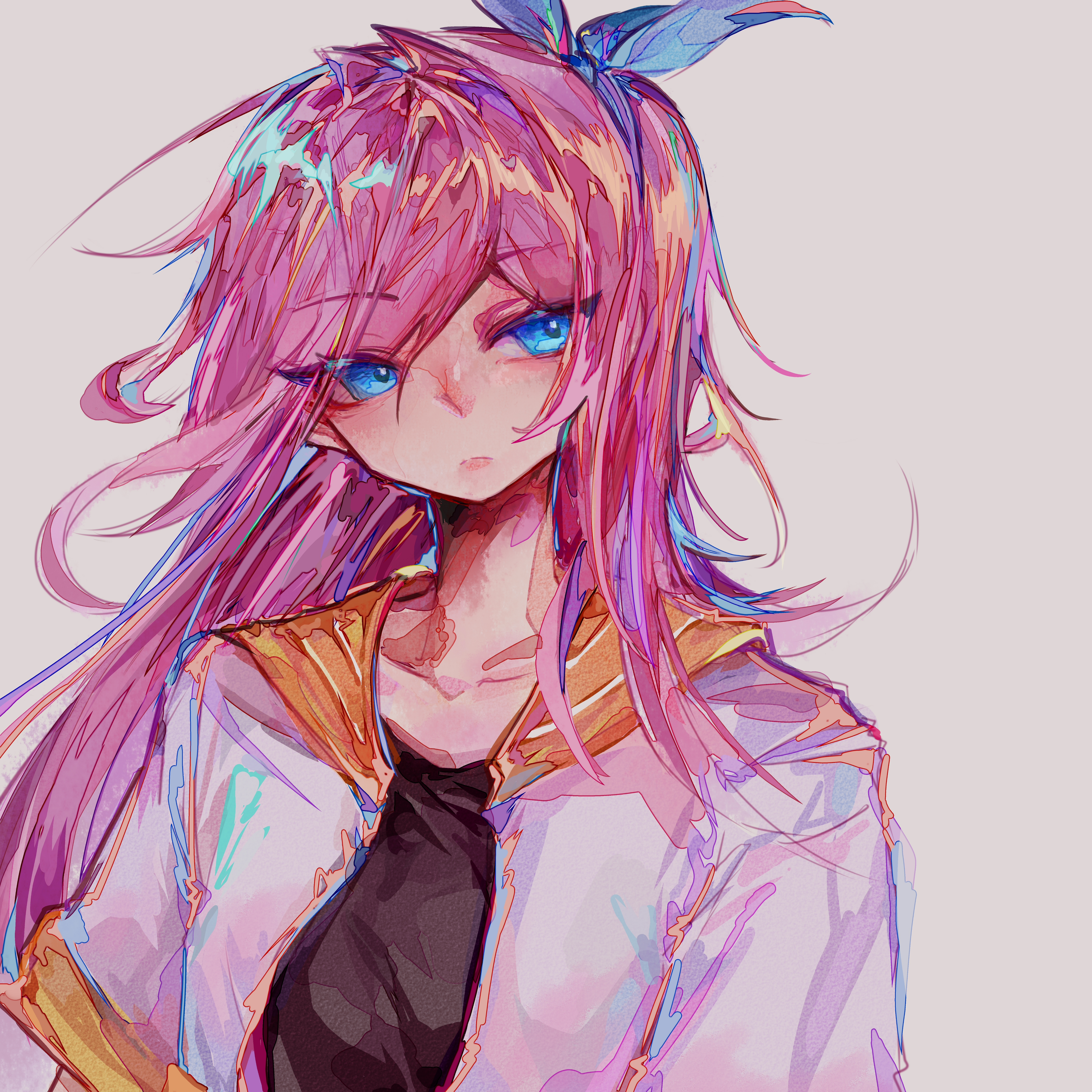 aubrey (faraway) (omori), aubrey (omori), omori, absurdres, highres, 1girl, arms at sides, black shirt, blue bow, blue eyes, bow, bright pupils, closed mouth, collarbone, frown, grey background, hair bow, jacket, long hair, looking at viewer, mellocaa, open clothes, open jacket, orange sailor collar, pink hair, sailor collar, shirt, short-sleeved jacket, short sleeves, sidelocks, simple background, solo, swept bangs, tsurime, upper body, very long hair, white jacket, white pupils